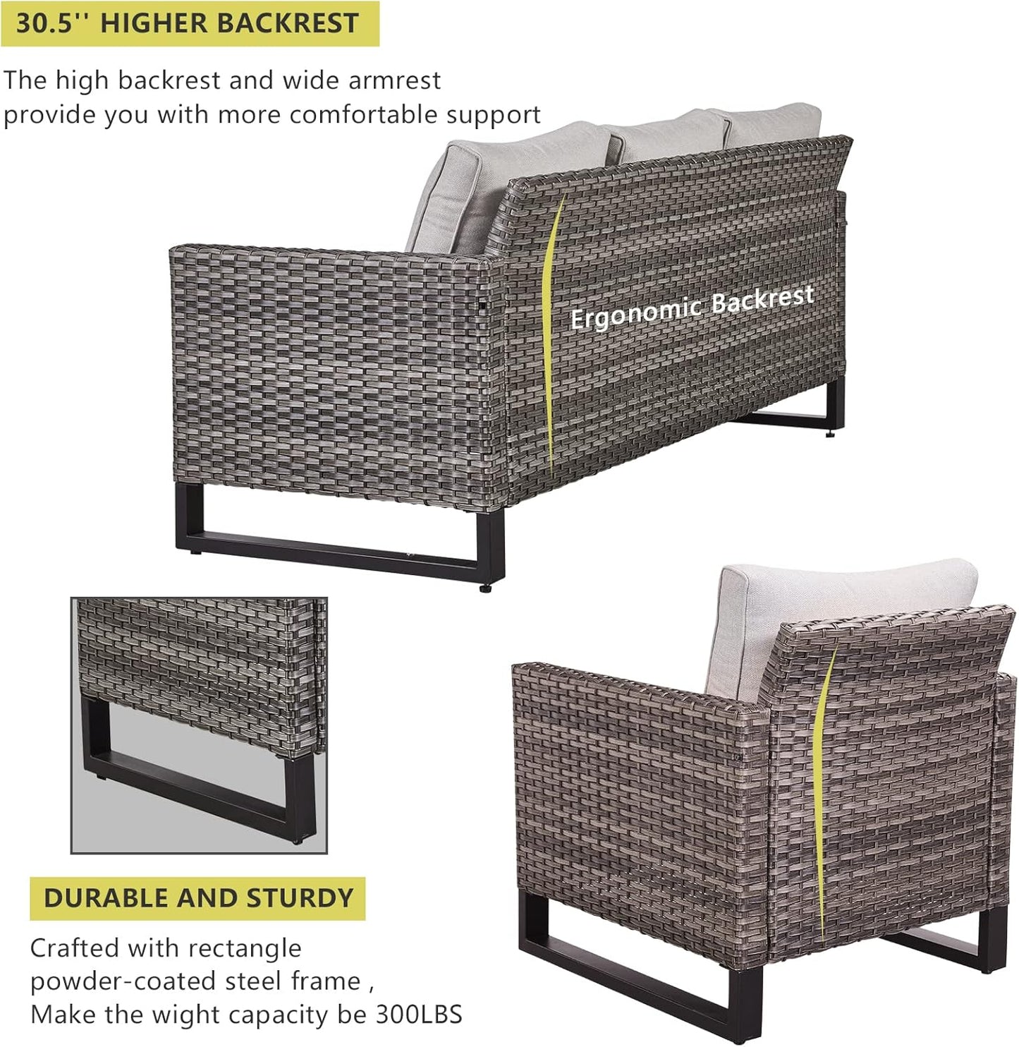 HUMMUH 7 Piece Patio Furniture with Fire Pit 30in 55,000 BTU,PE Wicker Outdoor Conversation Sets - Couch,Patio Chairs and Ottomans,Side Table for Porch,Garden,Backyard