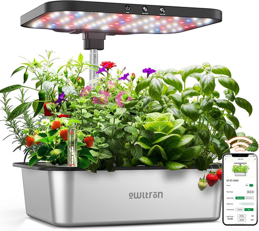 owltron Smart Hydroponics Growing System Kit,15 Pods Indoor Herb Garden with 36W LED Grow Light & APP Control, Planting Height Up to 30", Quiet Water Pump, Stainless Steel - Ideal Gift for All Ages