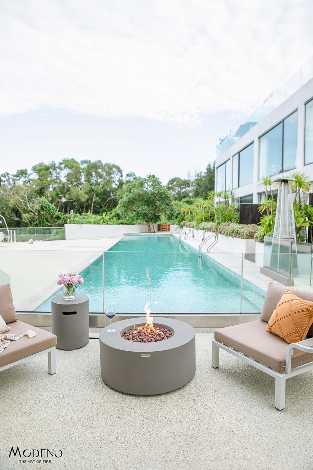 AMS Fireplace | Modeno | Tramore | Firepit Table | Cover and Lava Rocks Included | (Fuel: Liquid Propane - Light Gray)