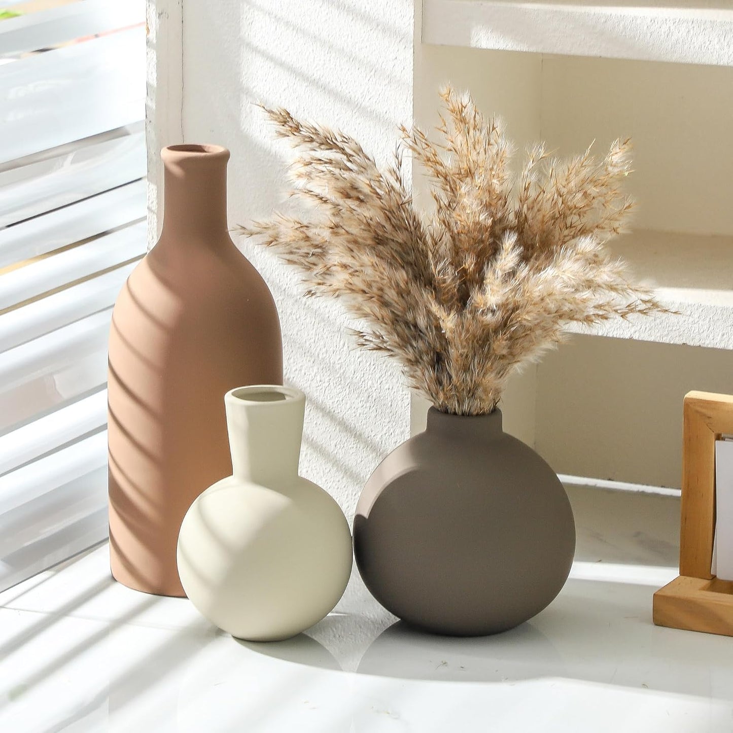 Vase Set of 3 | Ceramic Neutral Vases Home Decor | Rustic Flower Pottery Vases Modern Farmhouse Vase for Table Entryway Mantel Centerpiece Bookshelf Living Room Bathroom Bedroom -Brown Large