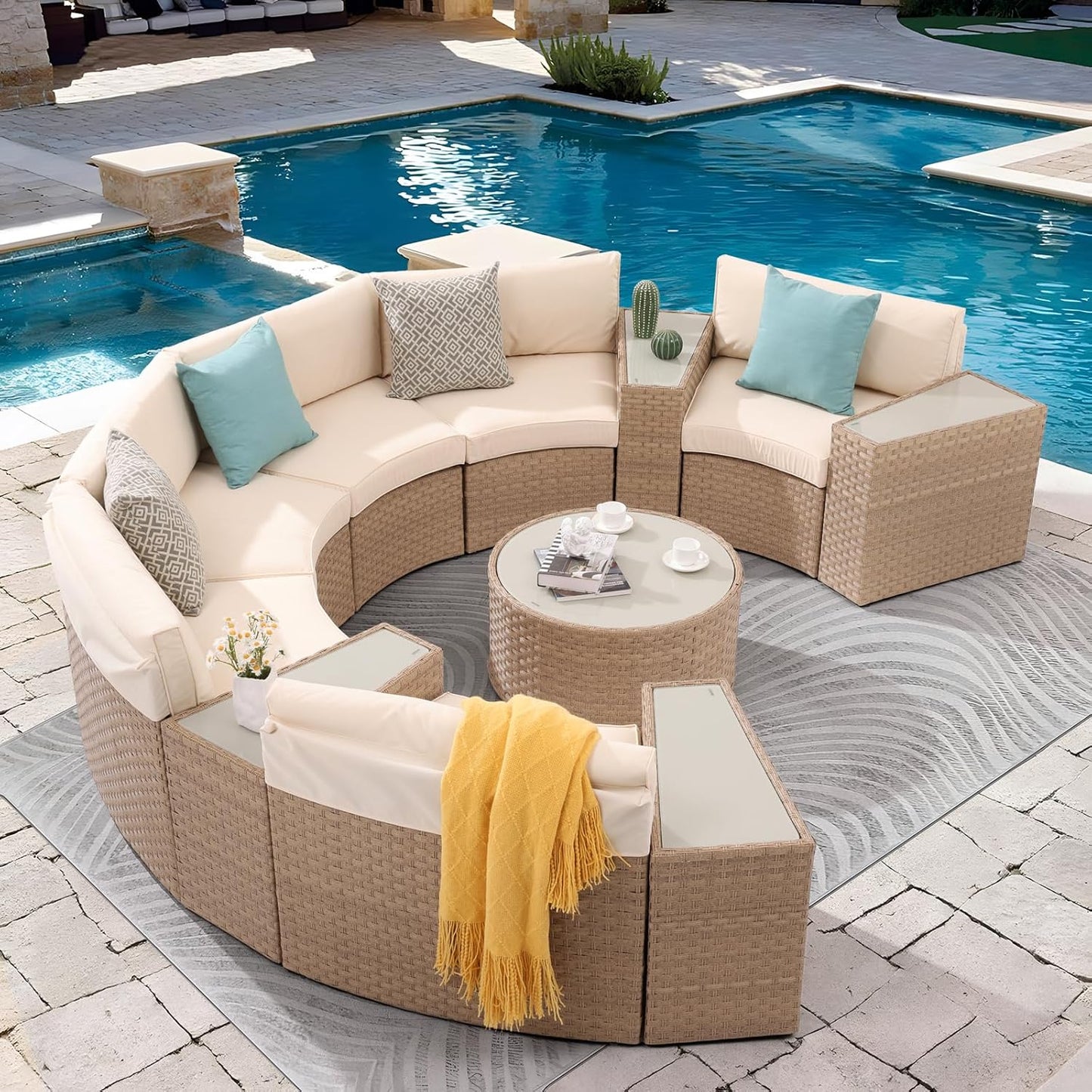 SUNSITT Outdoor Patio Furniture 11-Piece Half-Moon Sectional Round Patio Furniture Set Curved Outdoor Sofa with Tempered Glass Round Coffee Table, 4 Pillows, Natural Color Rattan