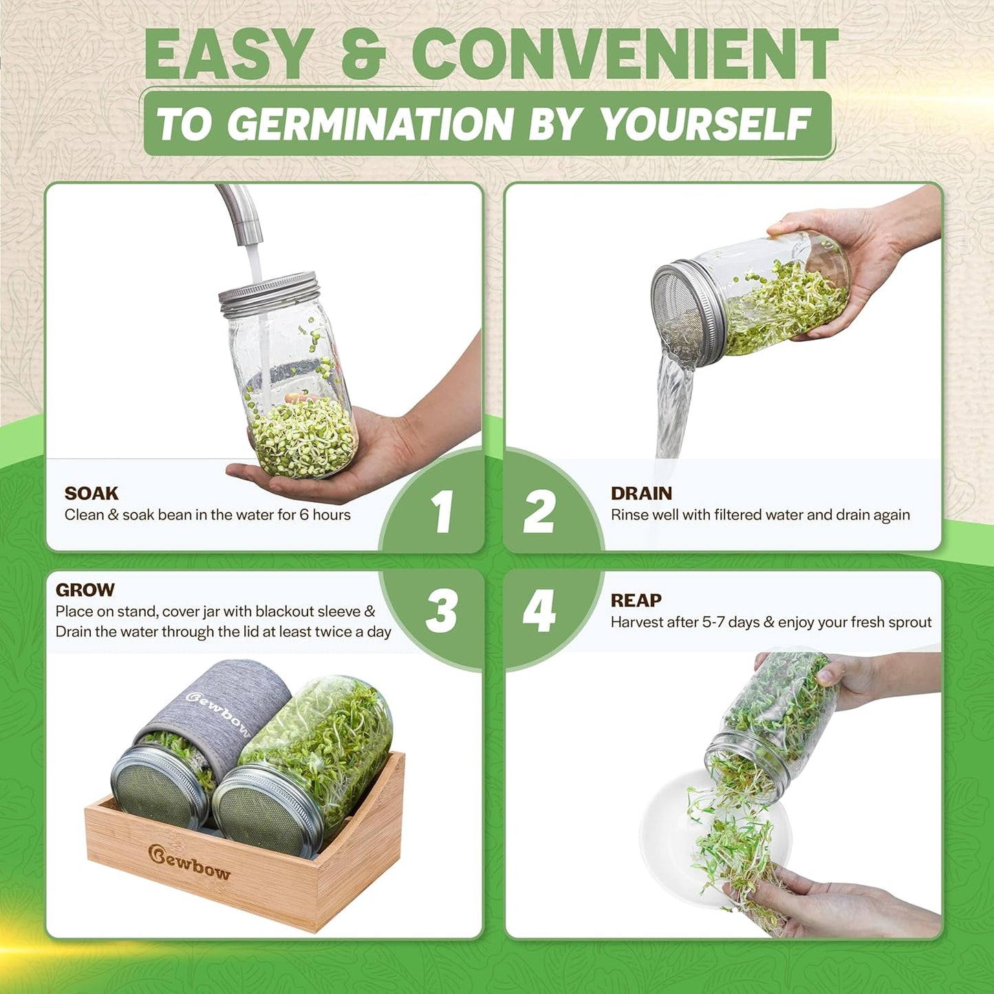 [Premium] Seed Sprouting Jar Kit with Bamboo Holder, 2 PCS Mason Jars, Drain Tray, Screen Lids, Blackout Sleeves, Good Ventilation & Drainage Capacity, Growing Fresh Organic Mung Beans & Microgreens