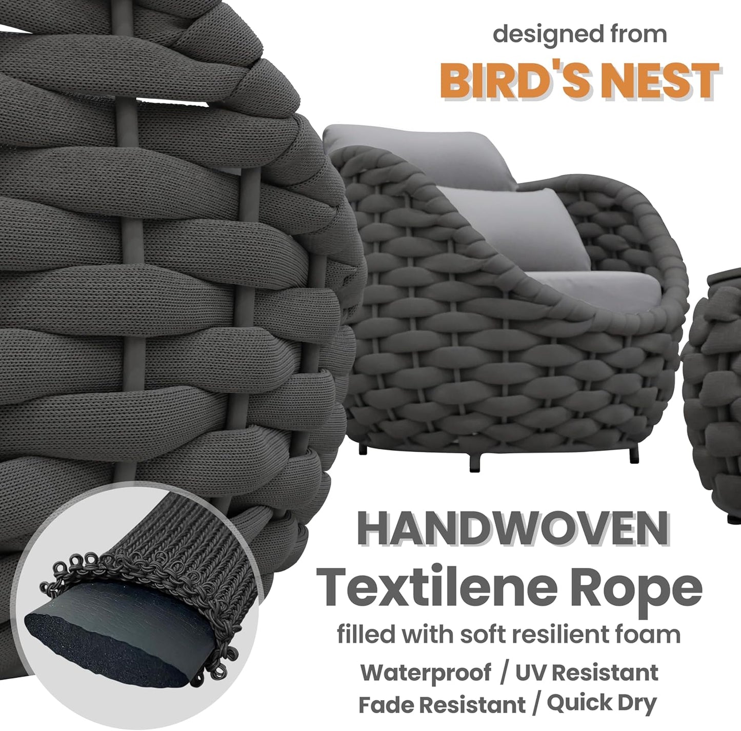 Front Porch Furniture Set: 5 Pieces Woven Rope Patio Conversation Set Aluminum - All Weather Cushioned Outdoor Sofa Set Assembled - Metal Modern Couch Set for 400lbs Deck Garden Poolside Hotel