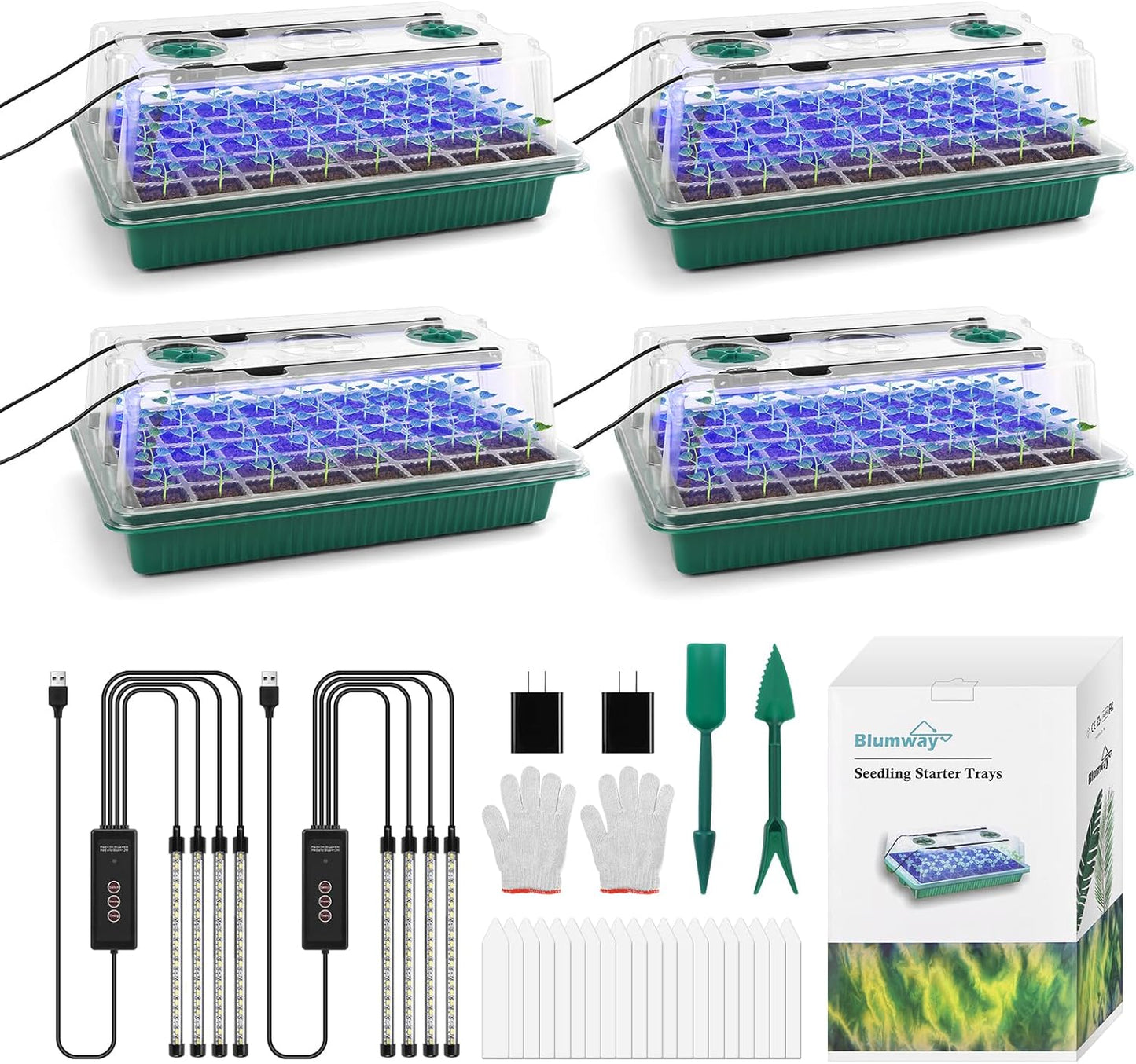 BlumWay Seed Starter Tray with Grow Light,4 Pack 160 Cells Seedling Tray with Humidity Dome/Indoor Grow Kit for Deep-Rooted Seedlings,Adjustable/Timed Light Plant Starter Set
