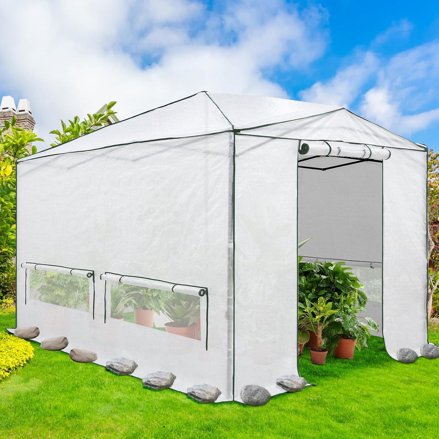 EAGLE PEAK Instant Pop-up Greenhouse, Indoor Outdoor Plant Gardening Green House, Roll-Up Zipper Doors and Side Windows, Heavy Duty Walk in 12x8 ft, Woven PE Cover, White