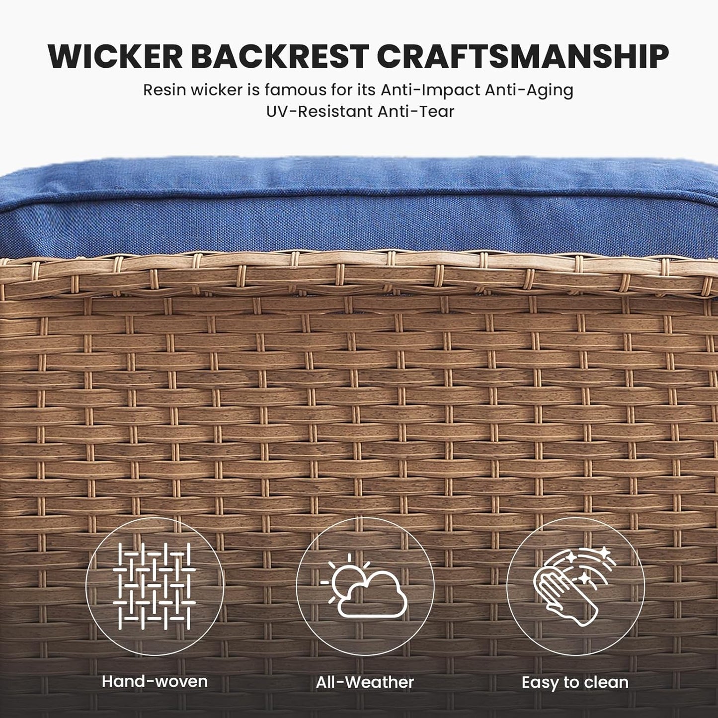 Outdoor Couch Wicker Patio Sofa - 75Inch Rattan Sofa with Hight Backrest Wide Armrest, All Weather Outdoor 3 Seater Seating Wicker Couch for Balcony Proch Deck Backyard Yellow/Blue