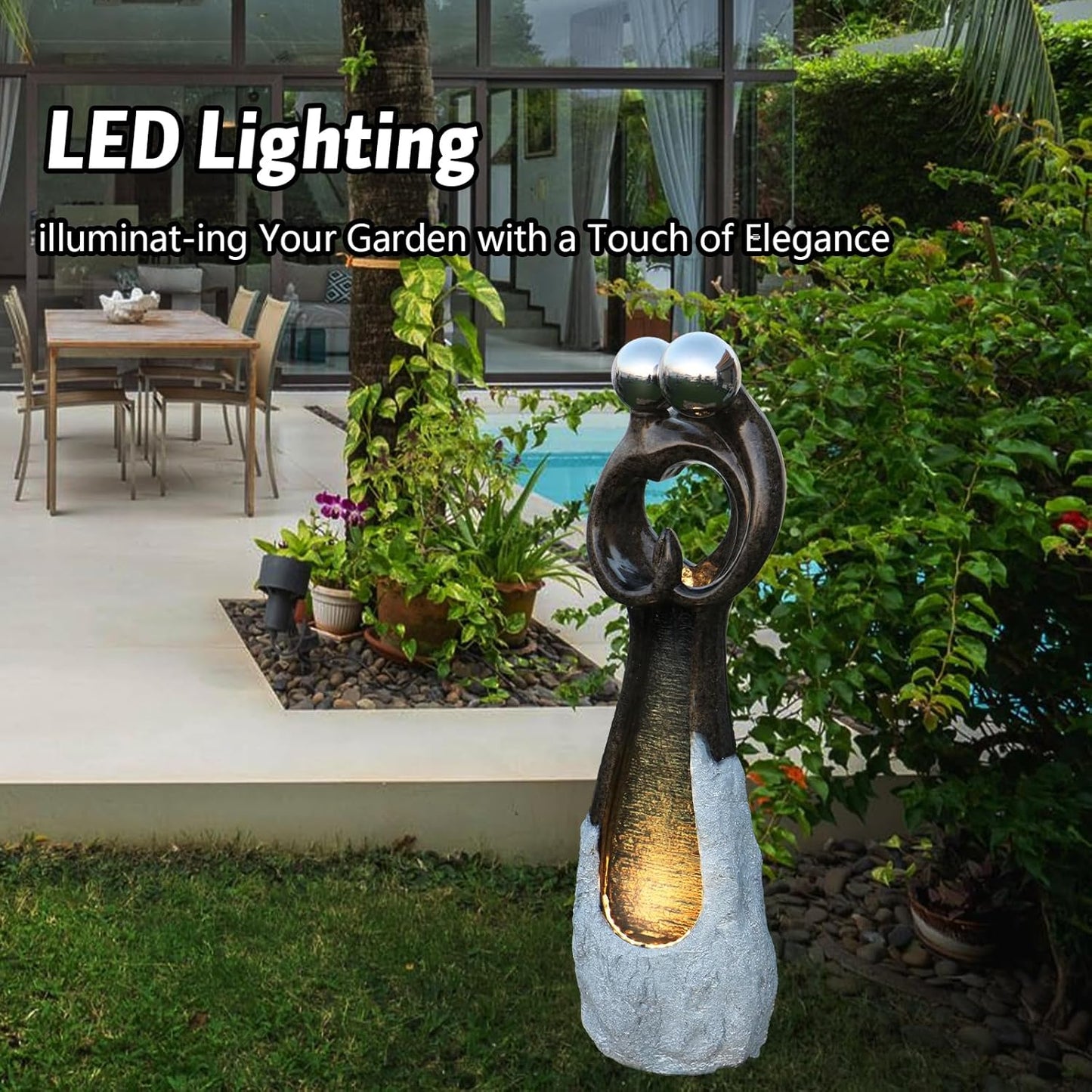 Couple Standing Fountains 45 Inch Graceful Hugging Water Fountain Design Indoor Zen Waterfall Fountain with LED Lights Perfect for Gardens, Indoor Decor Ideal for Couples and Home Decor Lovers