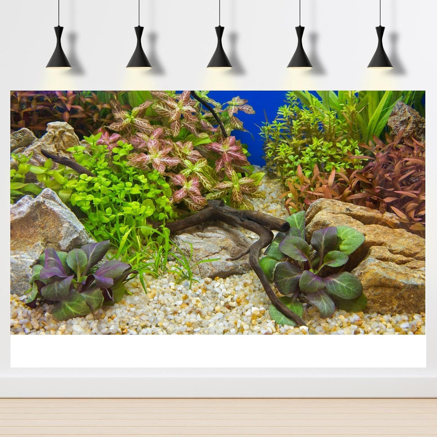 Aquarium Background Various Underwater Grass Plants Pebble Aquarium Backdrop Vivid and Fresh Green Aquatic Plants Stone River Bed and Dead Wood Purple Leaves Tank Background Vinyl 24x16in