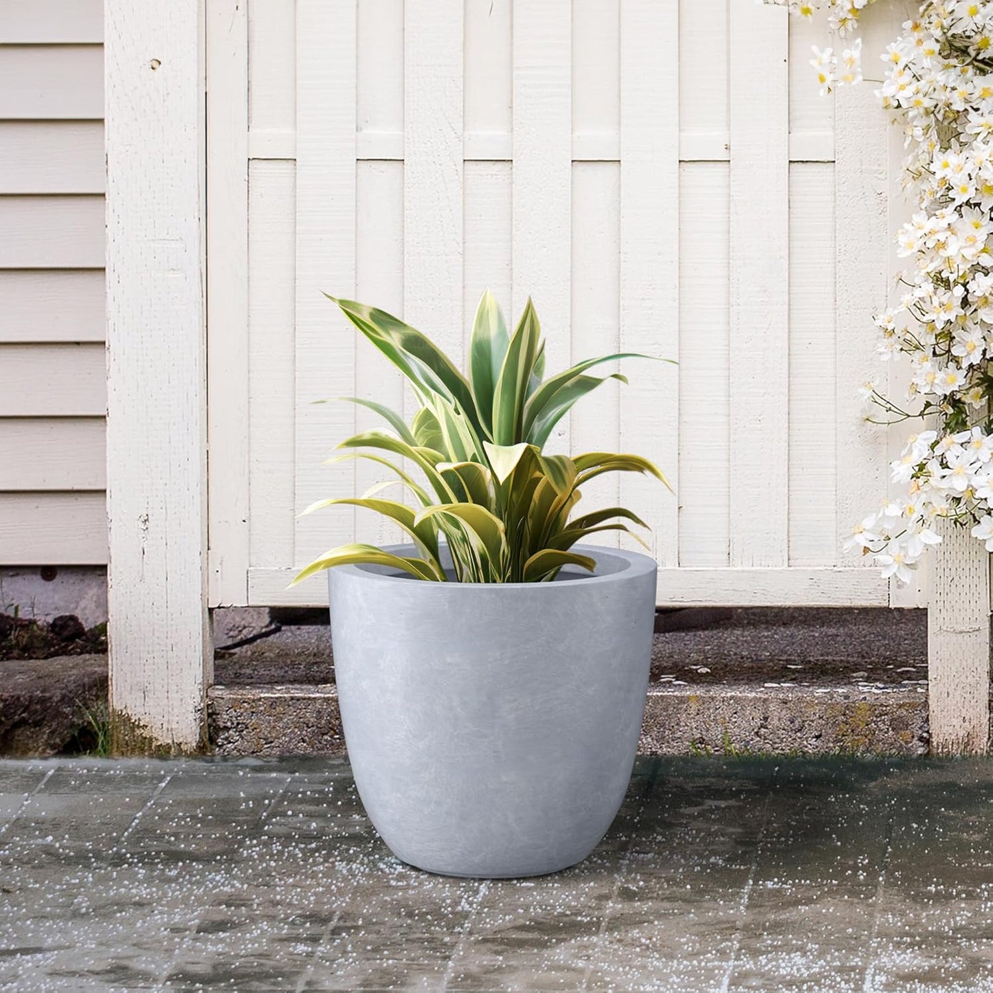 Kante 14 Inch Dia Round Concrete Planter, Indoor Outdoor Large Plant Pot with Drainage Hole and Rubber Plug for Home Patio Garden, Slate Gray
