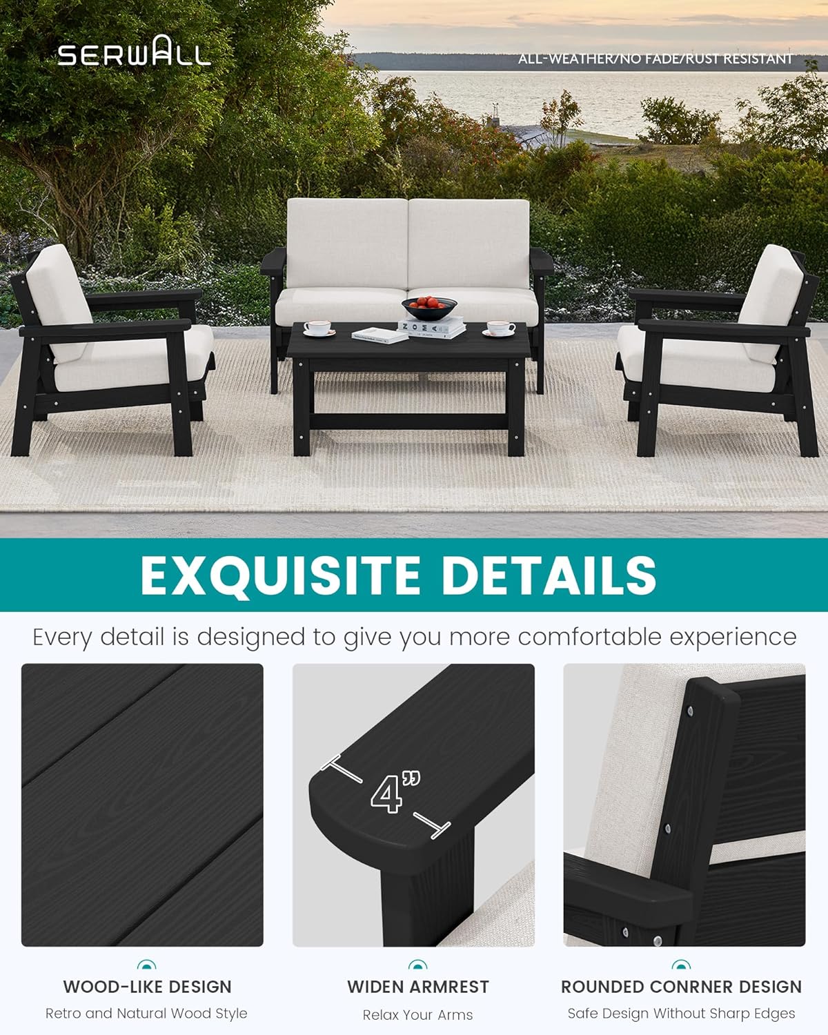 SERWALL HDPE Patio Furniture Set with 15FT Double Side Patio Umbrella, All Weather Wood-Like Outdoor Sofa Sectional Couch, Black Patio Furniture with Khaki Cushions