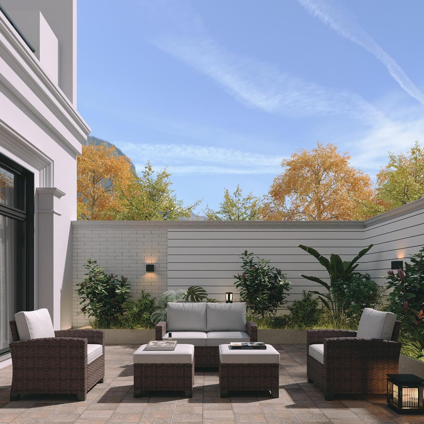 Outdoor Patio Sectional Sofa Set, 5-Piece Rattan Furniture, Patio Conversation Sets with Sofa, Ottomans for Seats 4, Light Grey