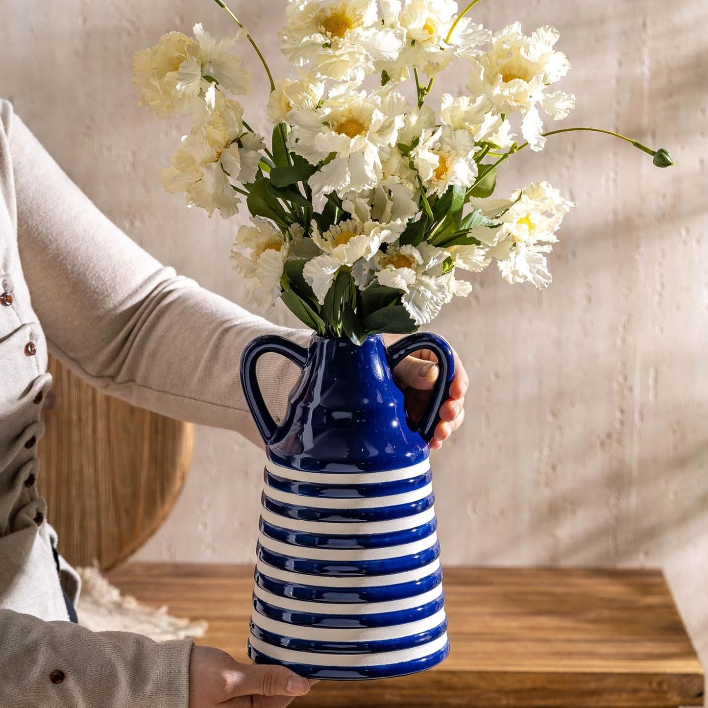 Ceramic Blue and White Checkered Stripes Vase with Handles, Modern Bohemian Floral Navy Blue Vases for Centerpieces, Cottage Core Home Decor, Flower Vases for Bouquet Tabletop Kitchen Bookshelf 8.9 In