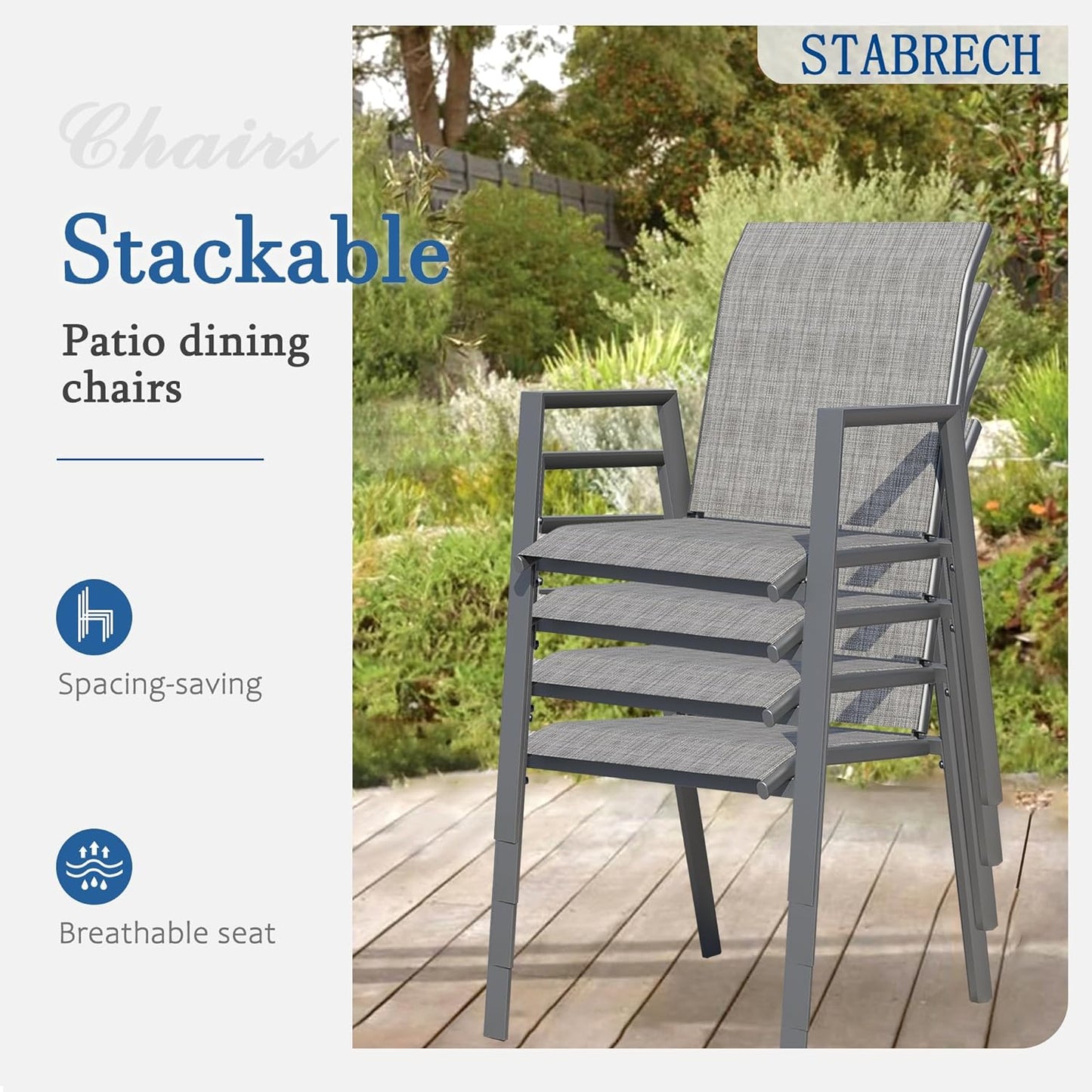 Outdoor Patio Chairs Set of 4, Grey Stackable Outdoor Chairs, Lightweight Patio Set with High Back, Metal Dining Chair for Lawn, Garden, Yard and Deck