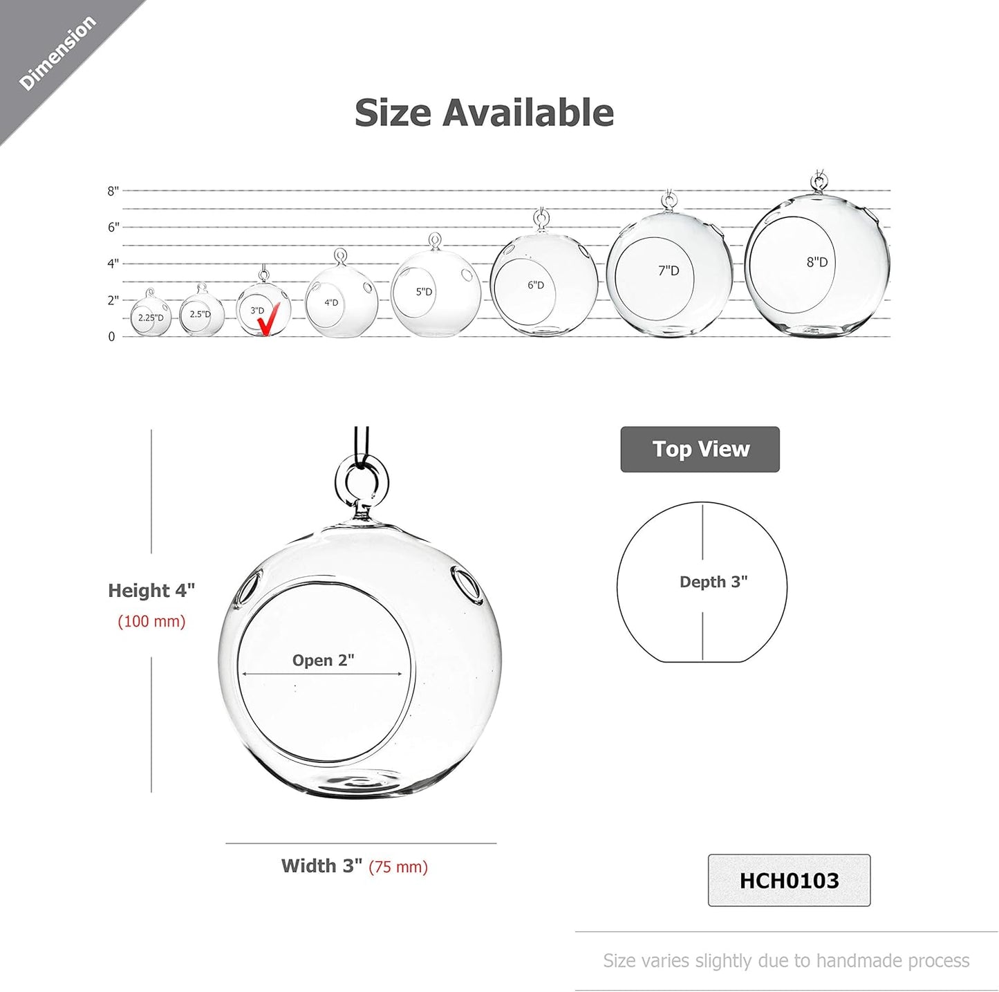 WGV Hanging Terrarium Globe, Width 3", Height 4", DIY Air Succulent Planter, Clear Glass Vase Orb with Flat Bottom, Candle Holder for Windowsill Outdoor Garden Decor, 3 Pieces Bulk