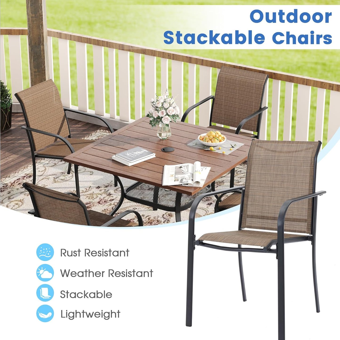 VICLLAX 11 Pieces Patio Dining Set for 10, Outdoor Furniture Set Includes 60" Round Outdoor Table and 10 Lawn Stackable Chairs, Black Tabletop and Brown Fabric
