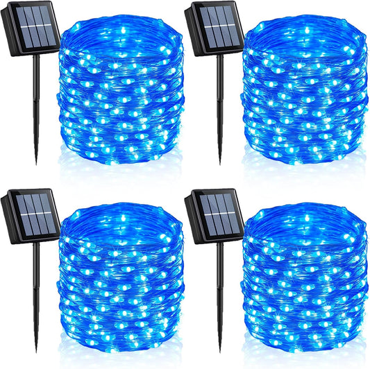 YEGUO Blue Solar Fairy Lights Outdoor Waterproof, 4 Pack Each 100 LED 33ft String Lights, 8 Modes Twinkle Lights