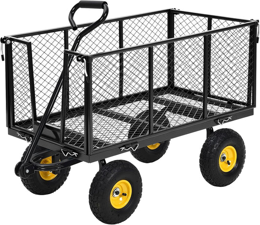 Heavy Duty Steel Garden Cart, 1100LBS Pullable Metal Garden Wagon with 10" Wheels, 180° Rotating Handle and Removable Sides for Outdoor, Farm, Yard, Beach ﻿