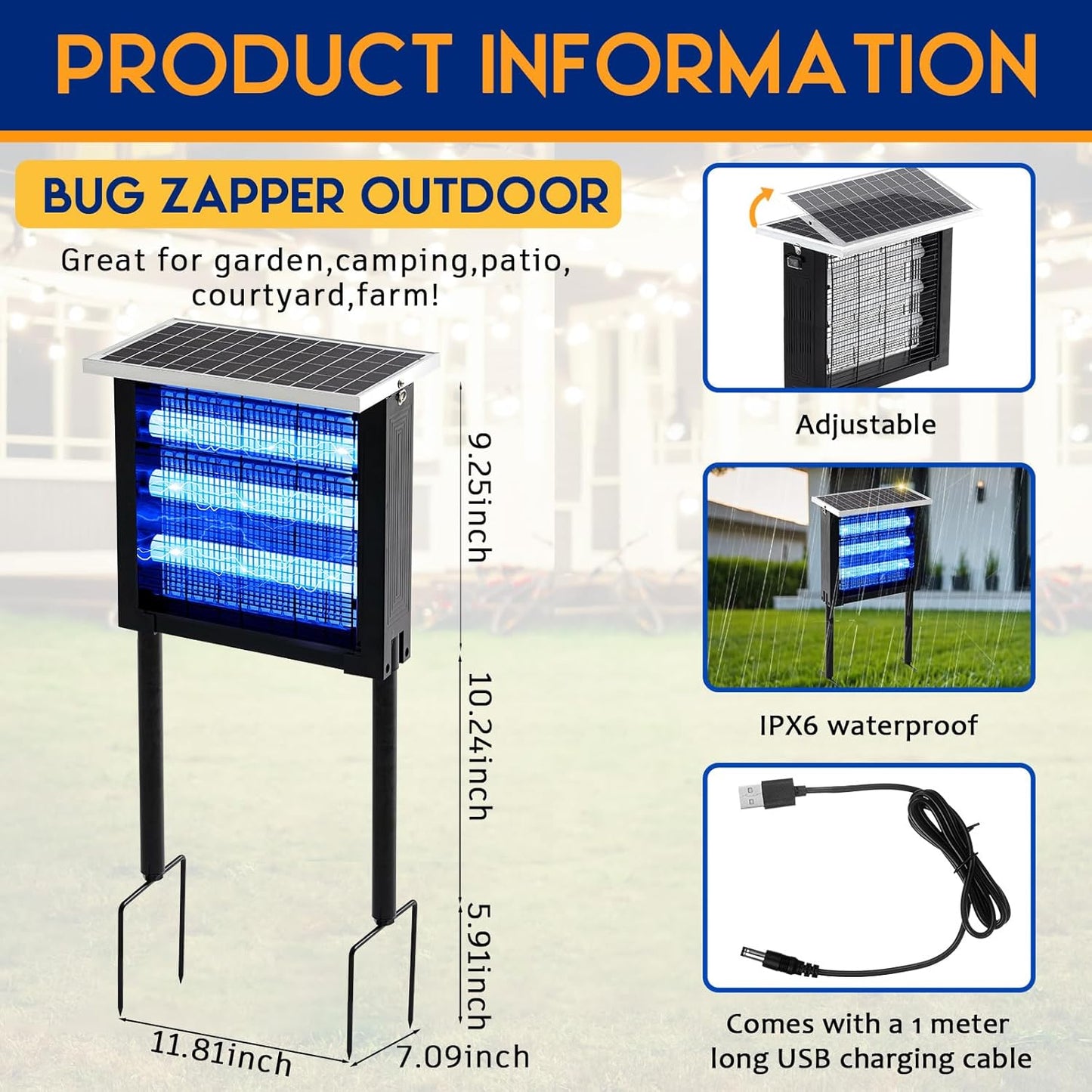 Qualirey 1 Pcs Solar Bug Zapper Outdoor Waterproof Mosquito Zapper with 3000v High Powered Rechargeable Electric Mosquito Killer with Grounding Bracket Fly Insect Trap for Patio Garden