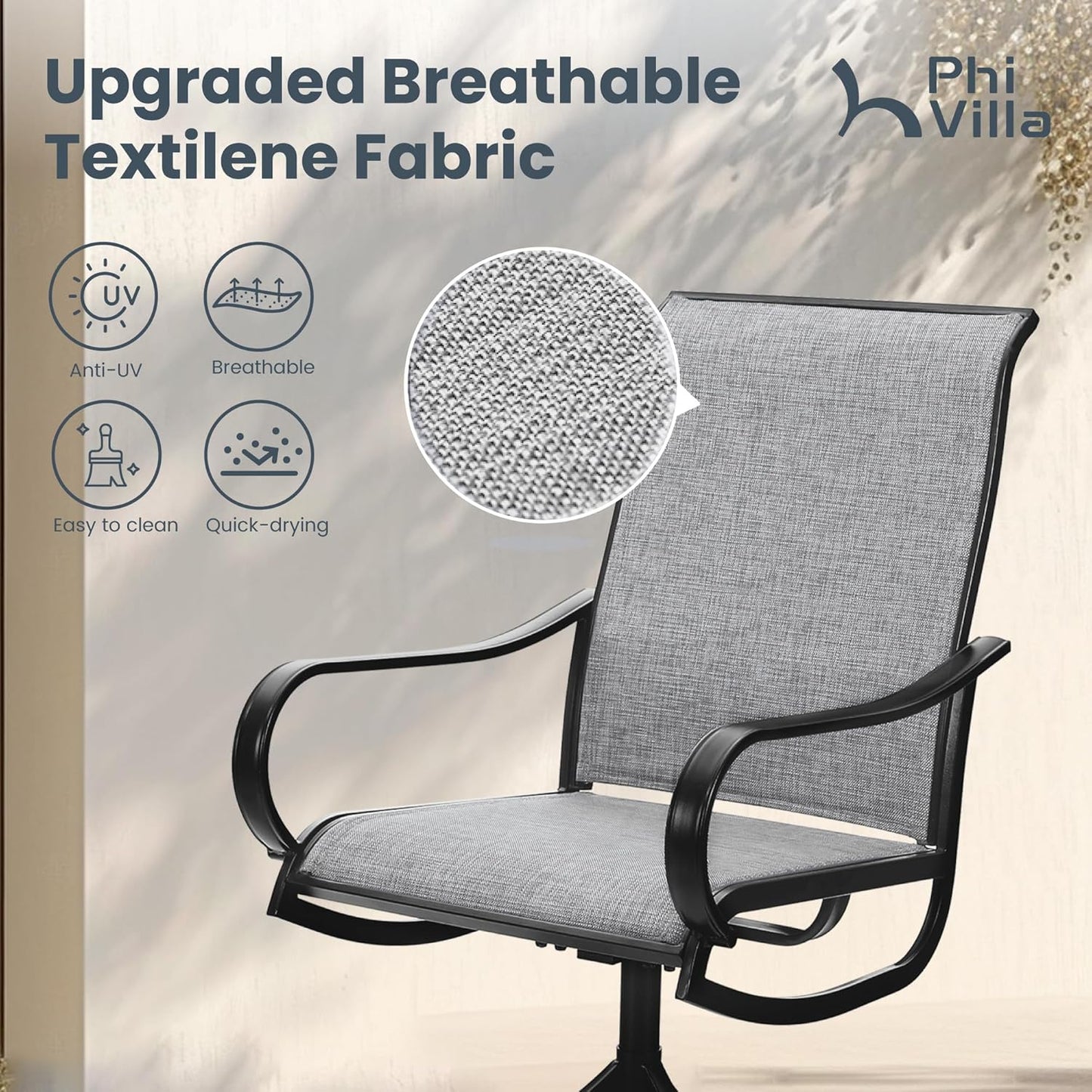 PHI VILLA Patio Swivel Dining Chairs Set of 2, Outdoor Chair with Textilene Mesh Fabric & Black Metal Frame for All Weather Outdoor Lawn Garden Poolside (Gray)