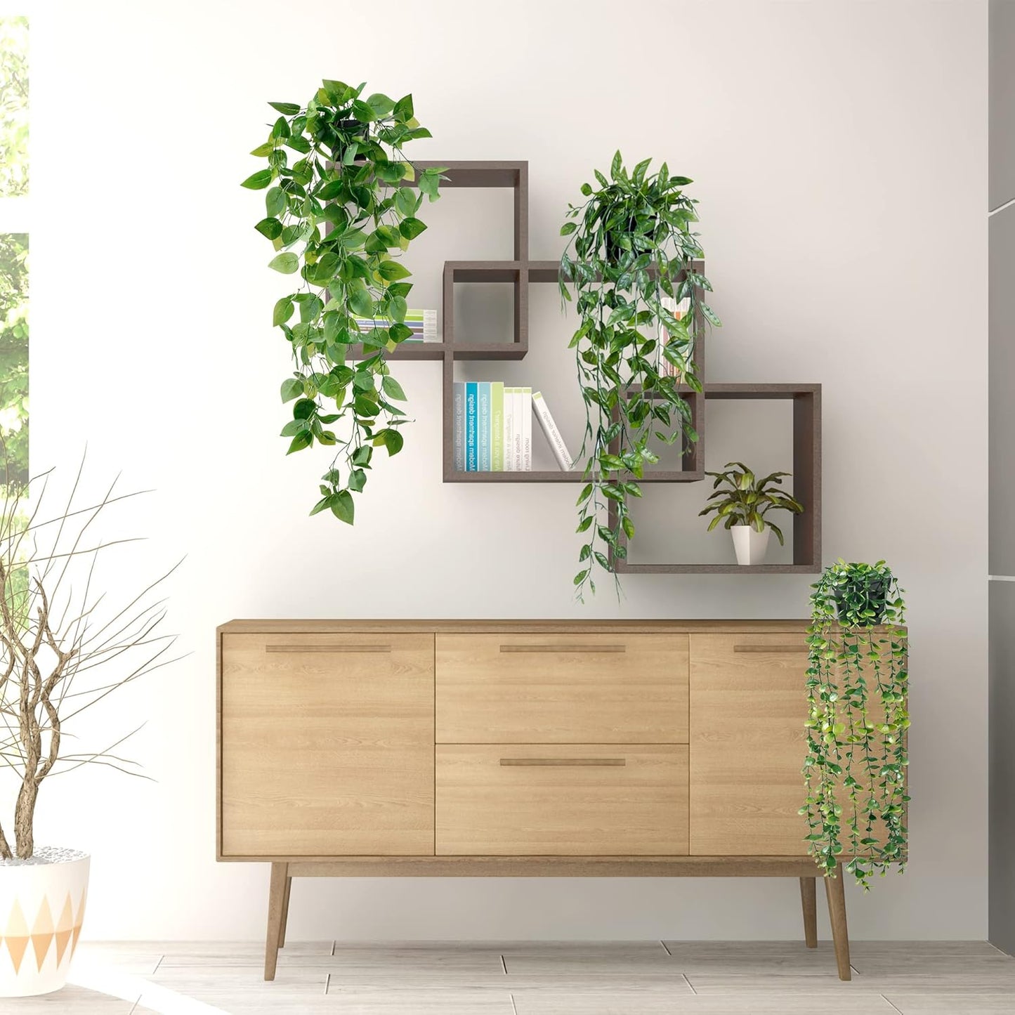 Sggvecsy Fake Hanging Plants 4 Pack Artificial Hanging Eucalyptus Plants Fake Potted Greenery Faux Eucalyptus Mandala Vine Ivy Vine Leaves Pea Pod for Home Indoor Outdoor Wall Garden Decor