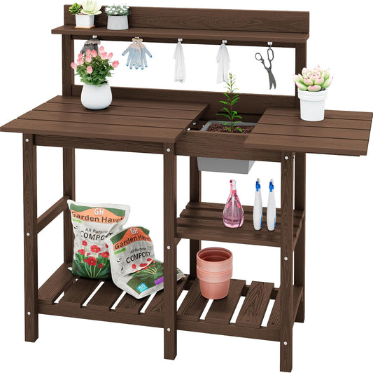 SERWALL Potting Bench Outdoor Potting Table with Sink, HDPE Potting Benches for Outside Gardening Table All Weather Use- Coffee