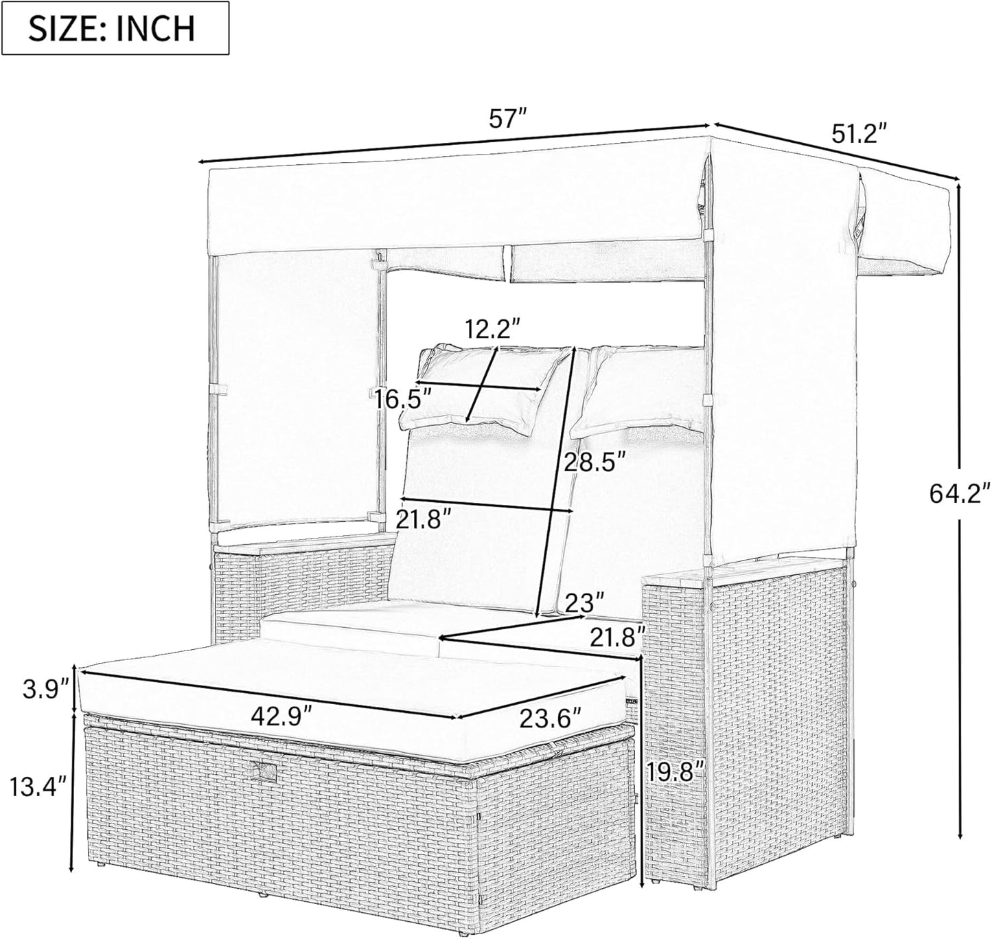 Merax 2-Piece Outdoor Rattan Daybed, Wooden Handrail Table Patio Loveseat Sofa Bed with Bench Lounge Roof Set and Cushions for Poolside, Backyard and Garden, Grey