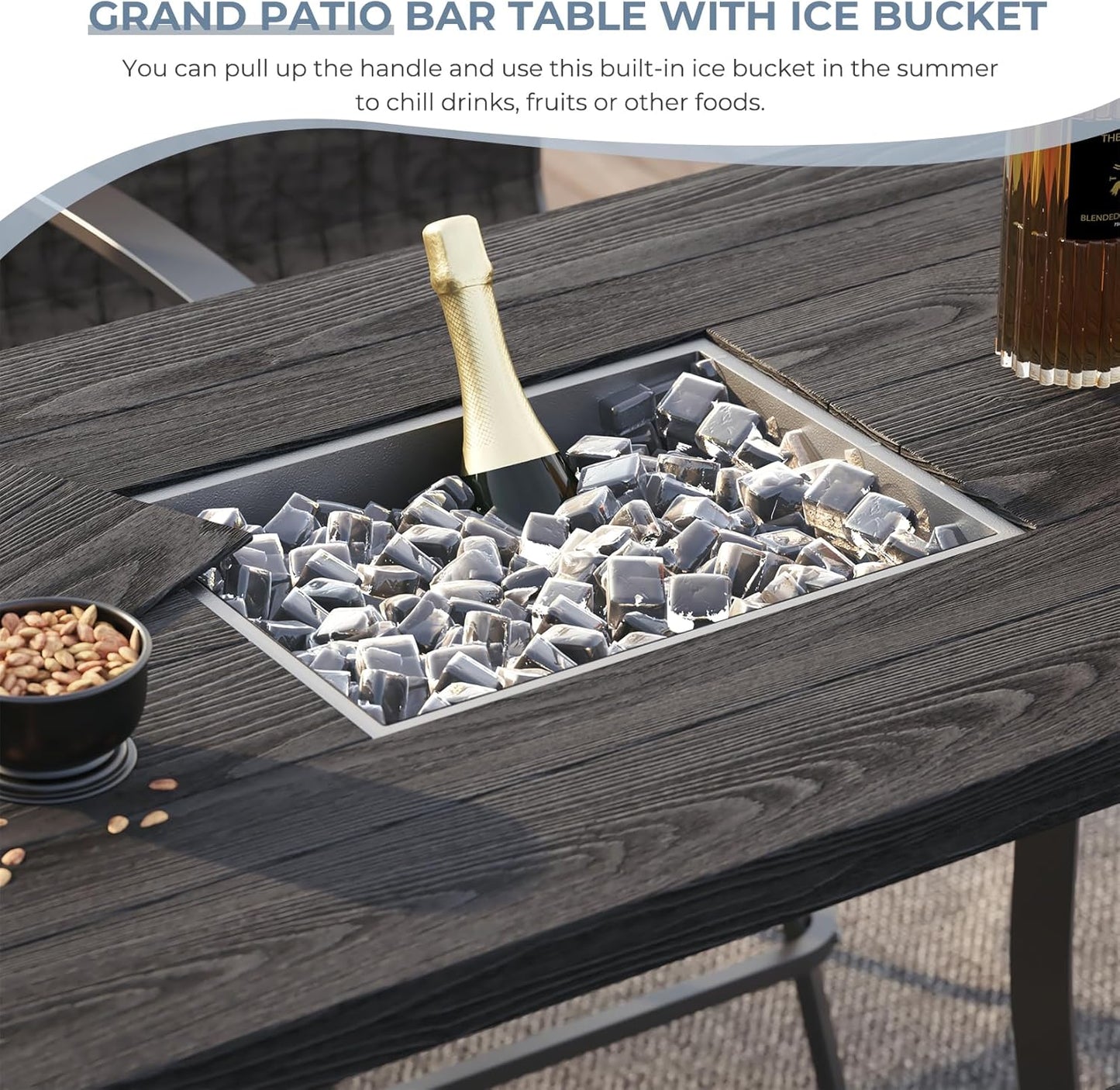 Grand patio 5-Piece Counter Height Patio Bar Set, Swivel Bar Stools and Faux Wood Grain Dining Table with Ice Bucket for Outdoor Kitchen Bistro Small Space Restaurant, Black&Grey Plaid