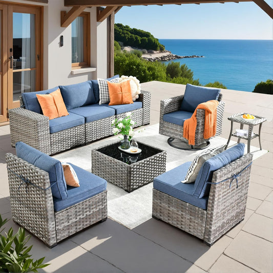 ovios 8 Pieces Patio Furniture Set, Outdoor Wicker Sectional Sofa with Swivel Chair Coffee Table, Modern Modular Deep Seat Rattan Couch Conversation Sets, Denim Blue