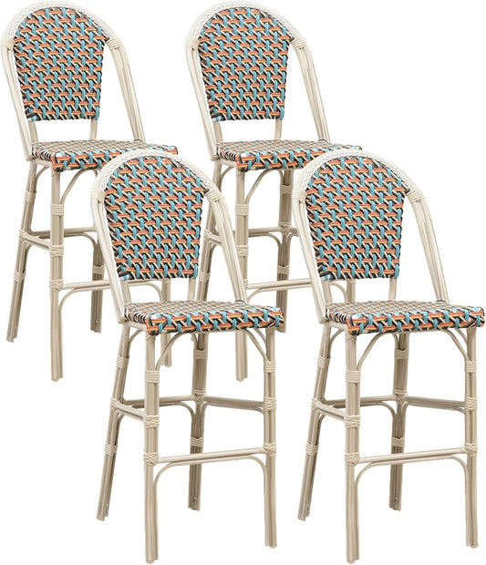 PURPLE LEAF French Bar Stool Set of 4 White Print Finish Patio Bar Stools with Back Rattan Bar Chairs Wicker Bar Height Stool 30" with Footrest Kitchen Island Stools Outdoor Barstool Colorful