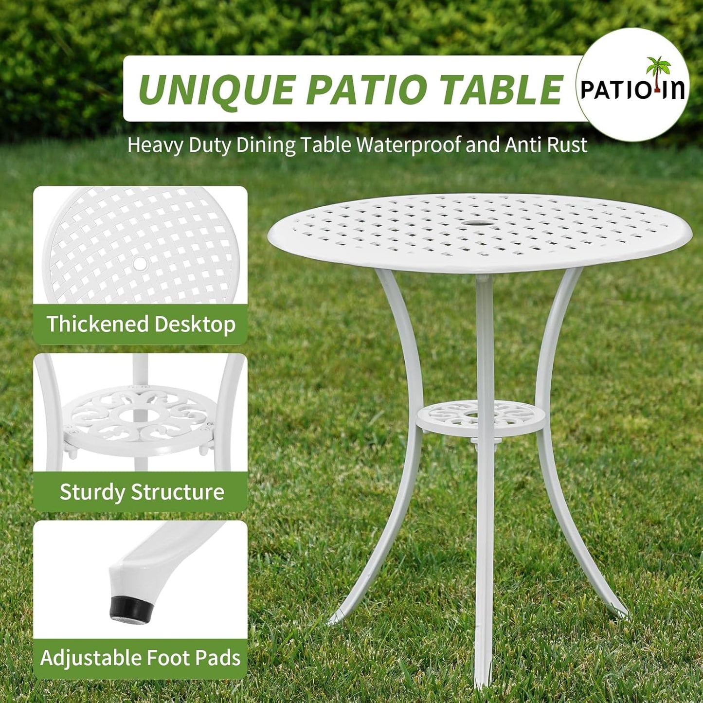 Cast Aluminum Bistro Set 3 Piece Outdoor, Patio Bistro Set White, Patio Conversation Table with 2 Piece Chairs, Bistro Table and Chairs Set of 2 for Garden Porch Porch,1.97" Umbrella Hole,