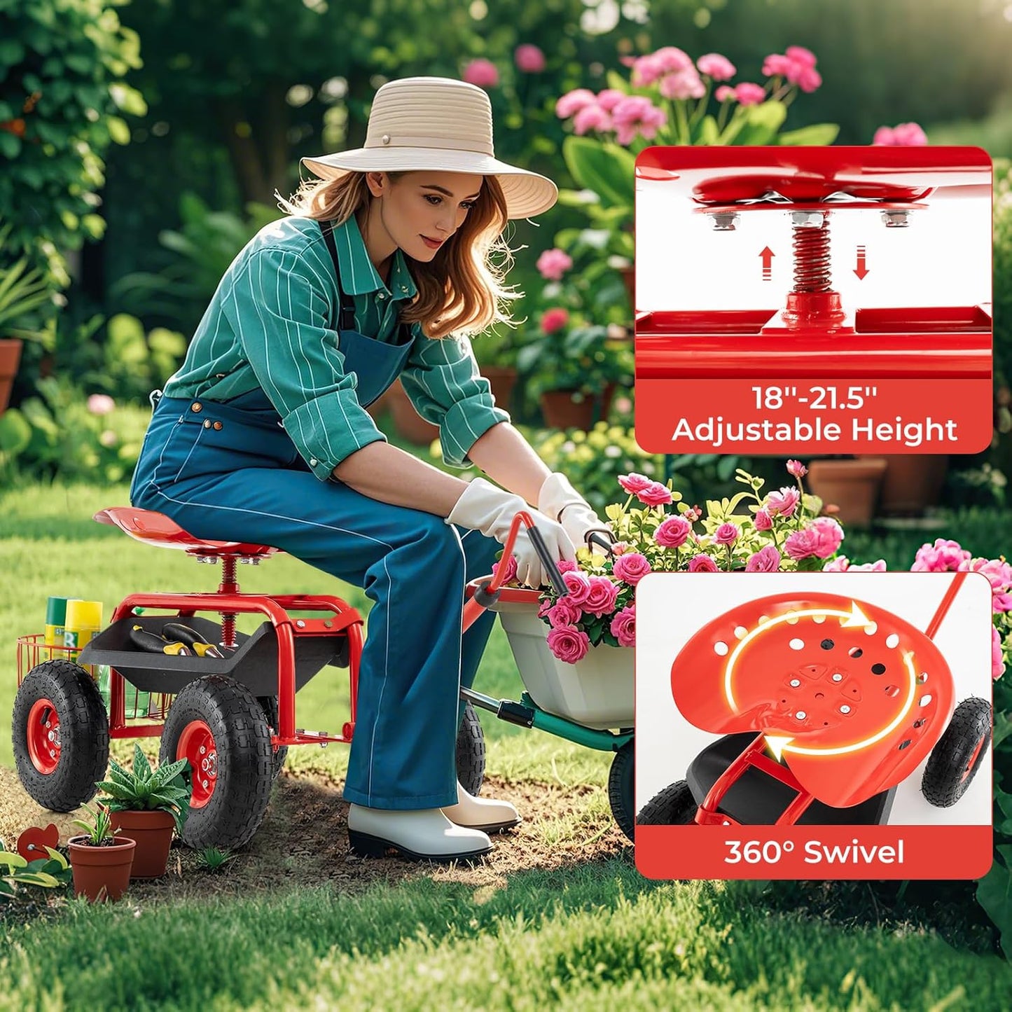Rolling Garden Seat, Garden Stool with Wheels, Extendable Handle, Storage Basket & Tool Tray, Garden Scooter with 360 Degree Swivel Seat for Outdoor, Garden & Yard (Red)