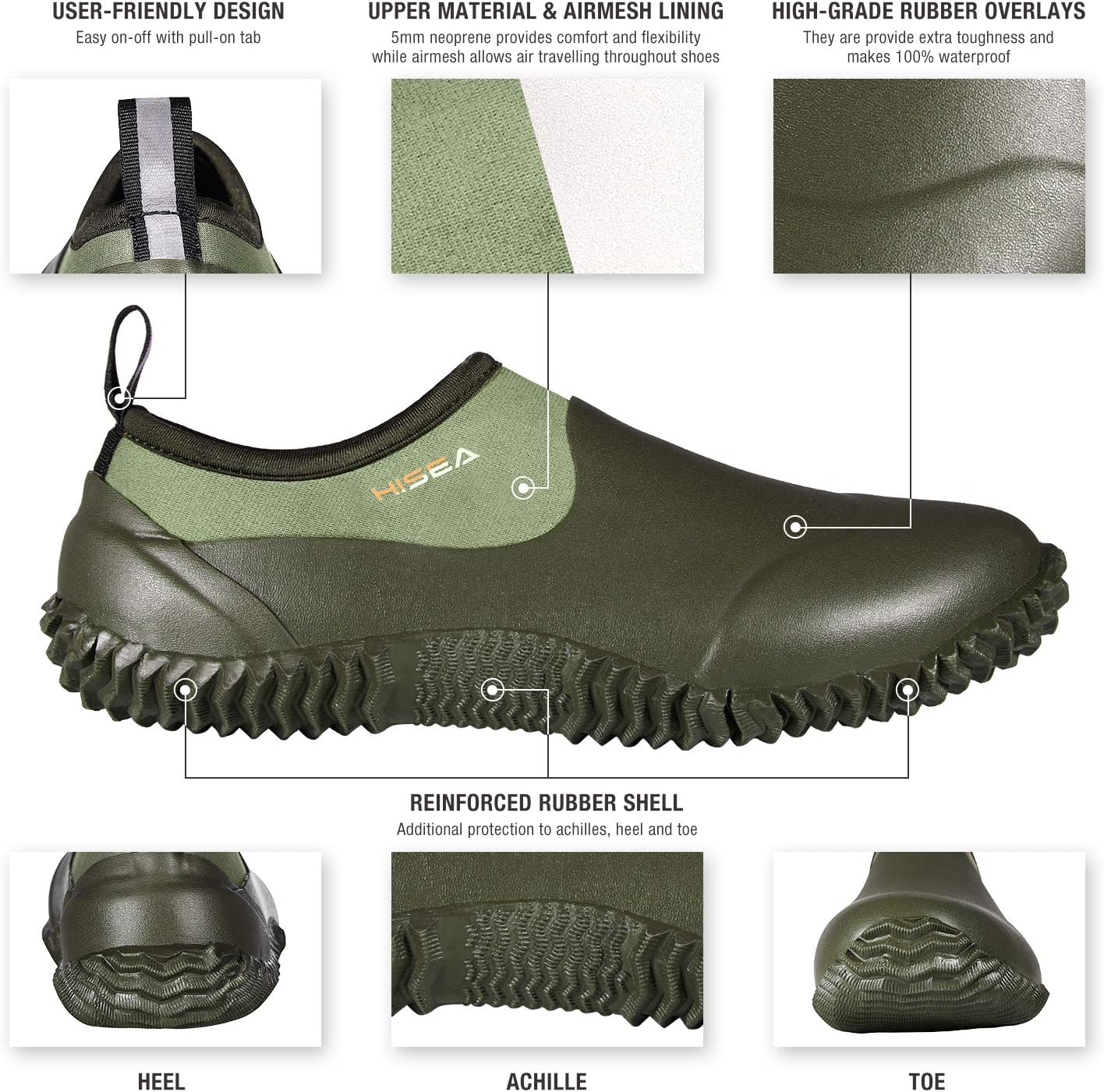HISEA Unisex Waterproof Garden Shoes, Men's Rubber Rain Boots Women's Ankle Rain Shoes Neoprene Camp Booties Outdoor Slip-On Footwear for Gardening, Farming, Camping, Car Wash, Lawn Care and Yard Work