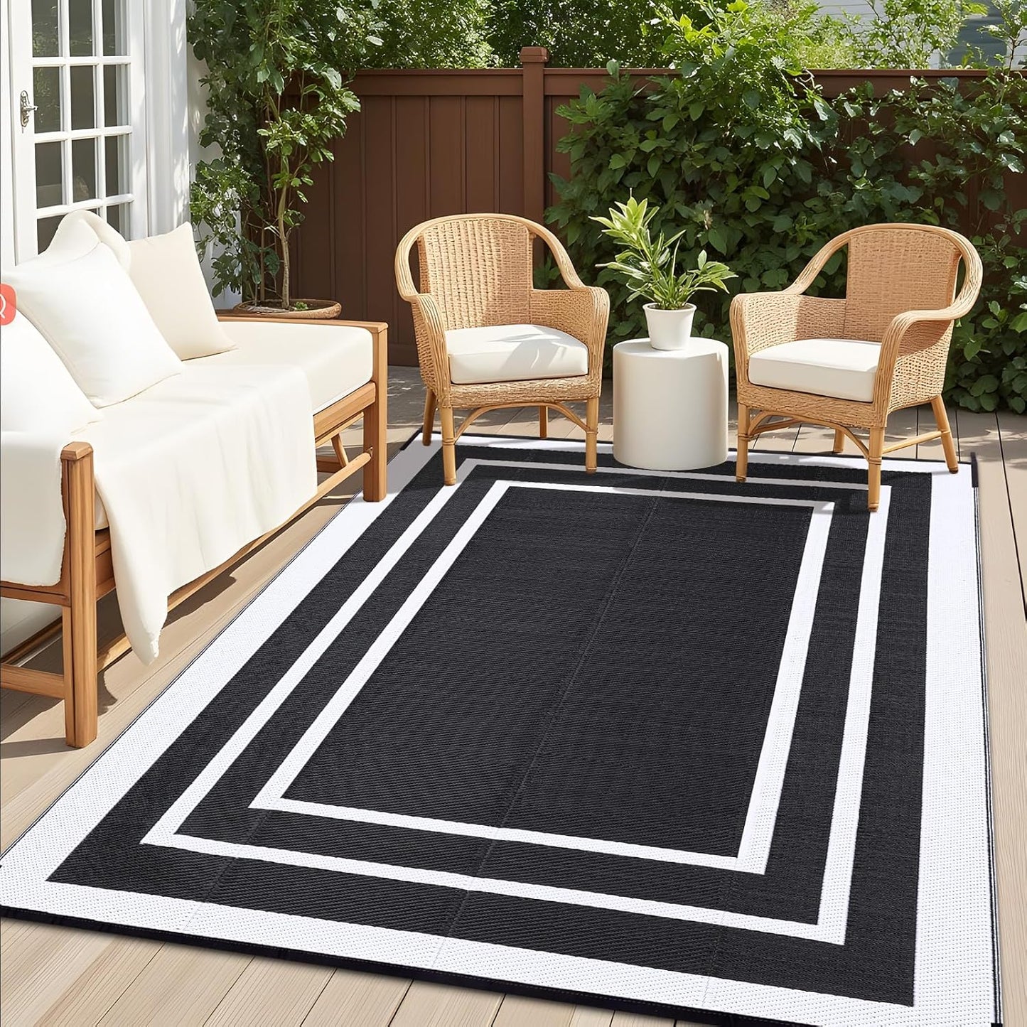 OLANLY Outdoor Rug 8x10 ft Waterproof, Reversible Outdoor Plastic Straw Rug, RV Mat, Indoor Outdoor Carpet Clearance for Patio, Camping, Balcony, Deck, Backyard, Black & White