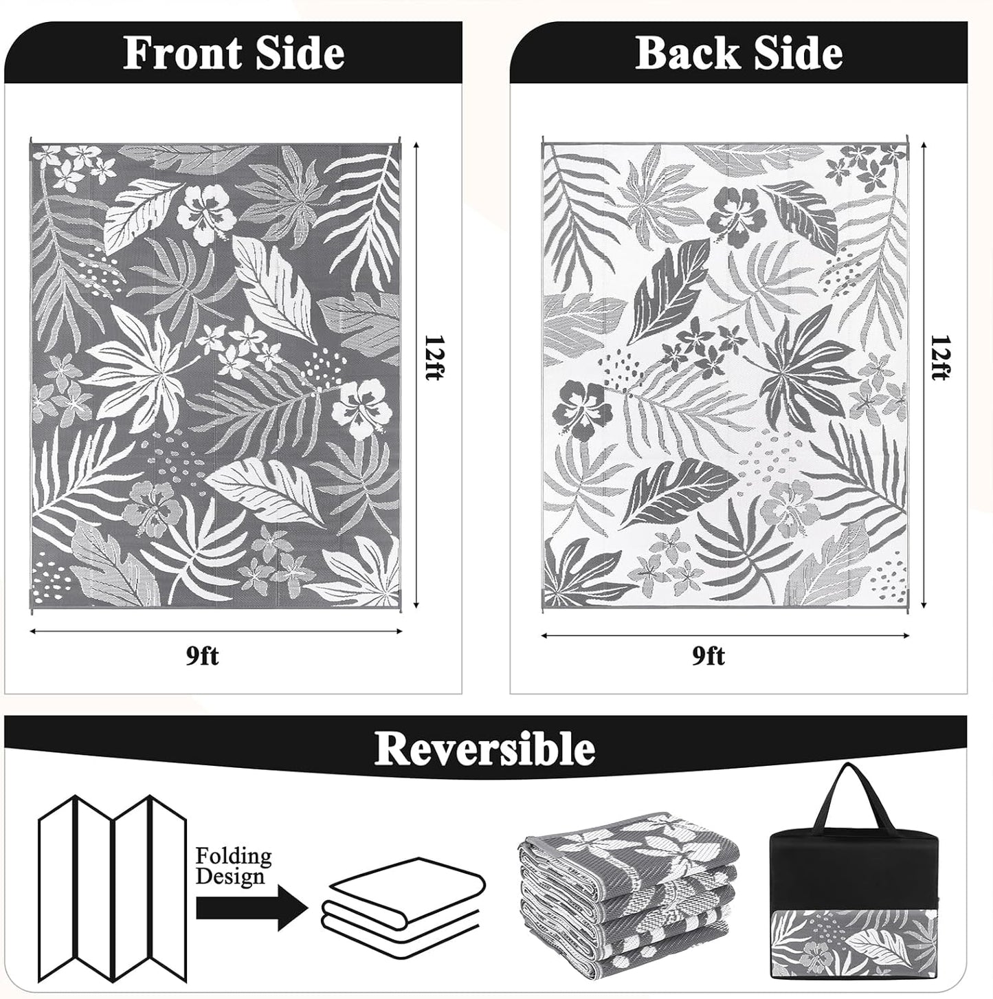 Pauwer Waterproof Outdoor Rug 9x12, Reversible Plastic Straw Patio Camping Rug, Indoor Outdoor RV Mat Carpet for Deck, Camper, Porch, Balcony, Backyard, Picnic, Floral Grey