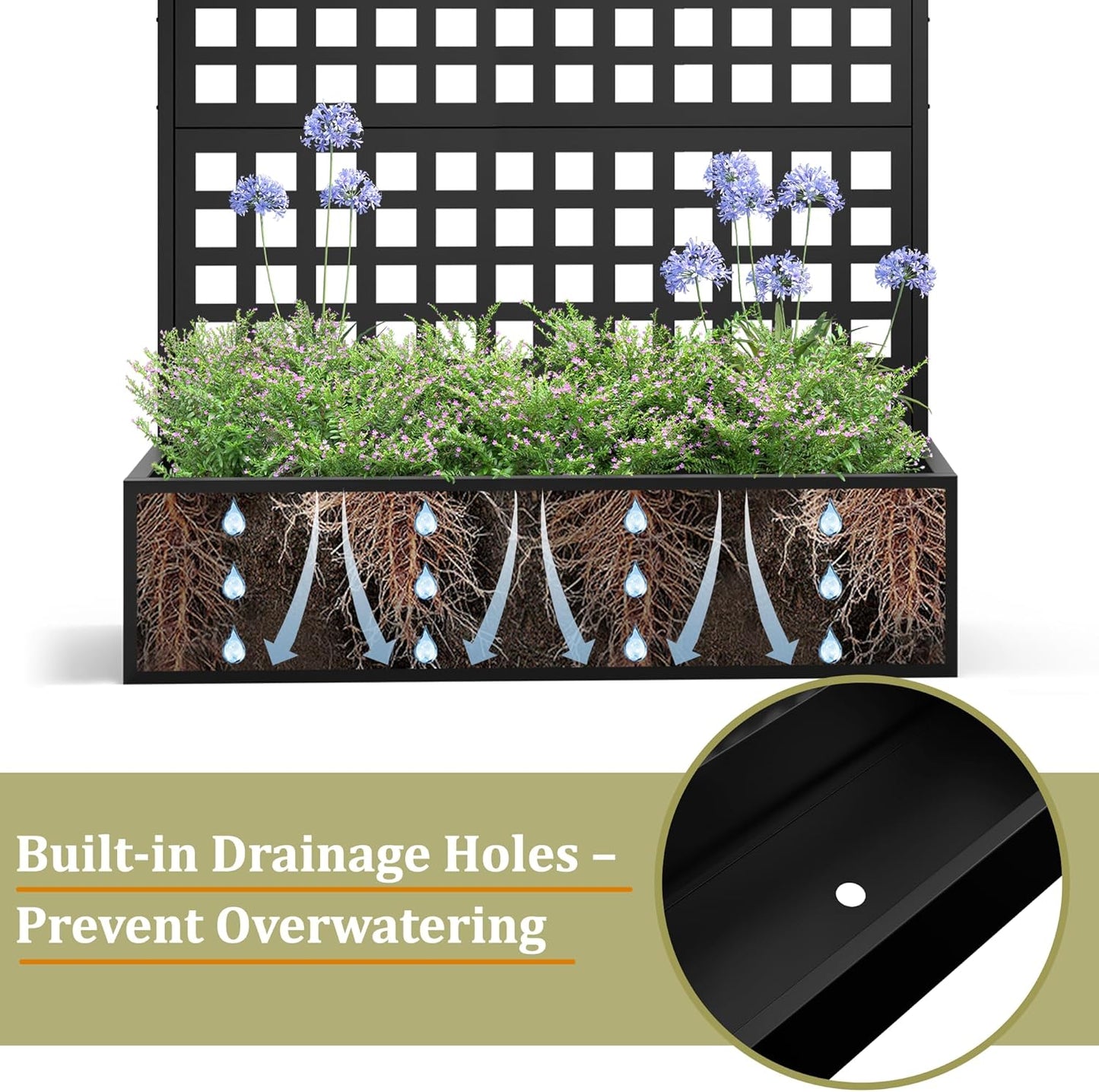 Metal Planter Box with Trellis, Heavy-Duty Raised Garden Bed for Climbing Plants, Drainage Hole, Outdoor Planter Box with Privacy Screen，47''L×16''W×71''H