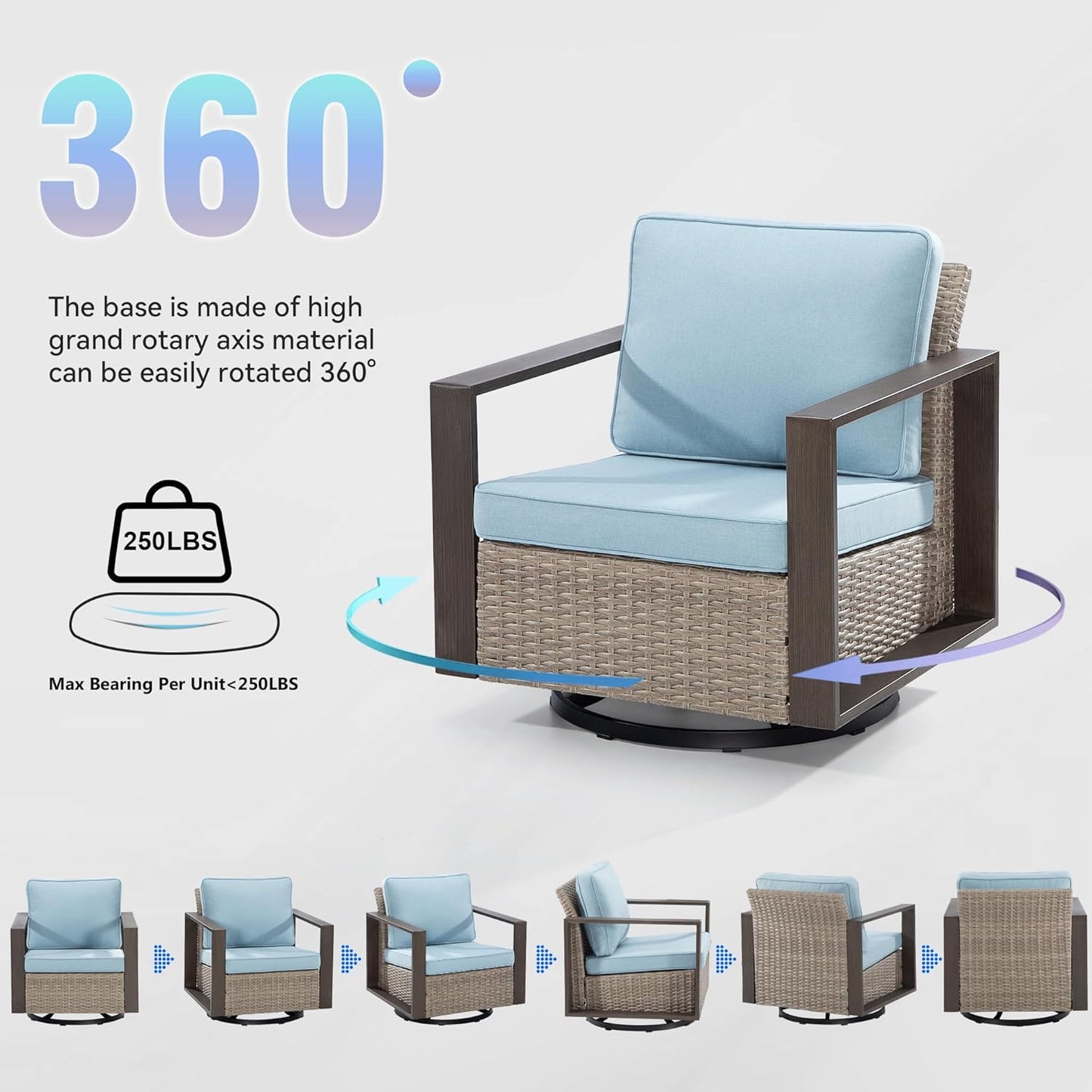 Outdoor Swivel Rocker Metal Chairs Set of 2 with Small Coffee Table - 3 Pieces Patio Bistro Set with Rectangular Framed Wood-Looking Metal Armrest, 360 Degree Glider Chairs, Baby Blue