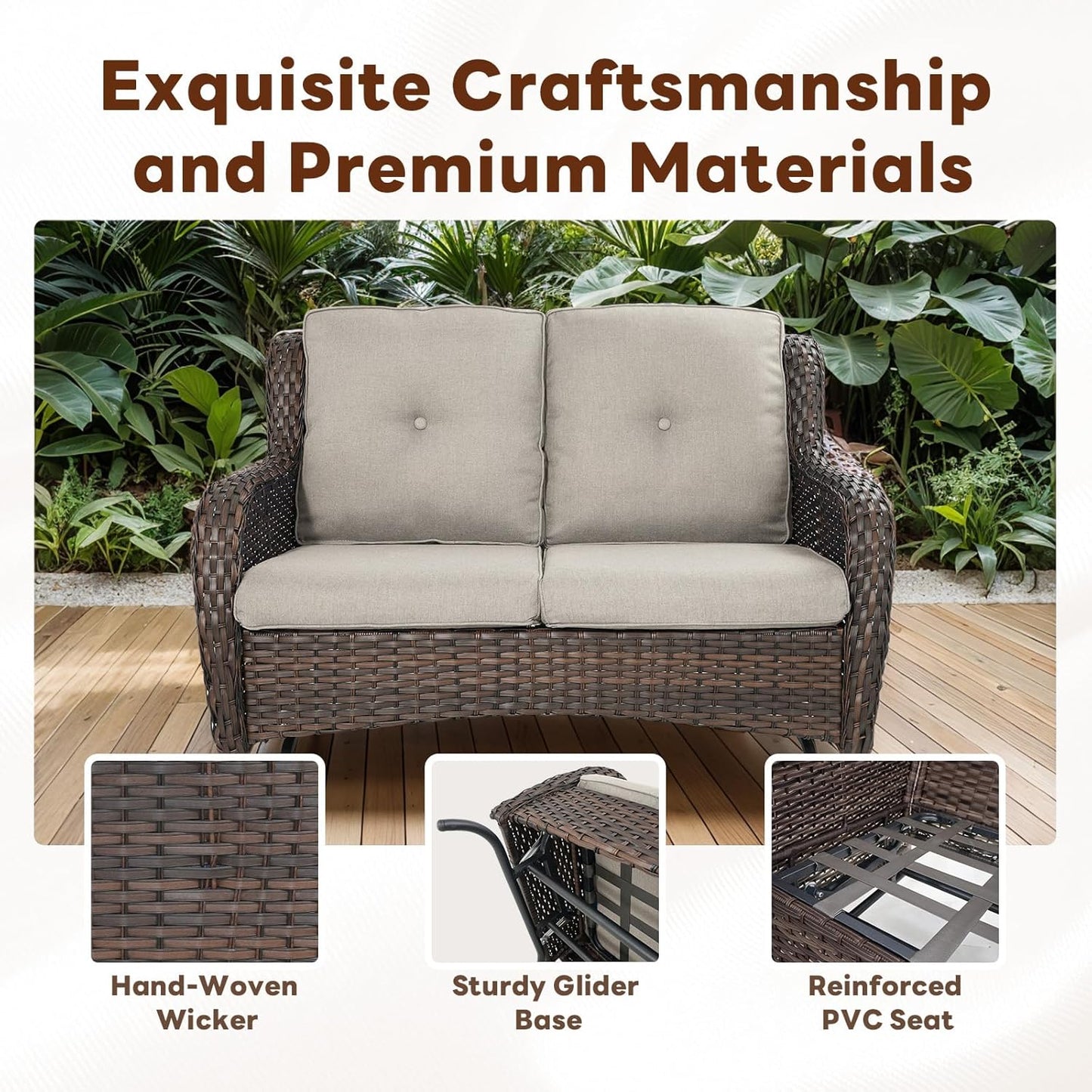 Spacious Outdoor Glider Bench - 500 LBS Weight Capacity Small Loveseat, 2 Seater Patio Gliders Furniture All Weather Wicker Couch with Removable Cushion for Deck Sunroom Balcony Backyard