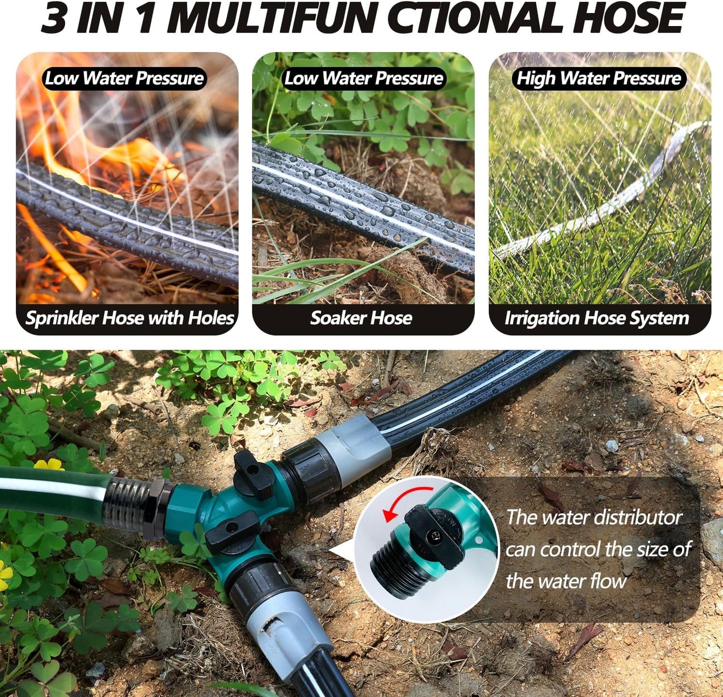 Sprinkler Hose with Holes 75 Ft (25 ft 3pack), Flat Soaker Hose 75 ft with Garden Staples and Splitters, Drip Line Irrigation Hoses for Lawn, Vegetable Watering Hose (75 ft)