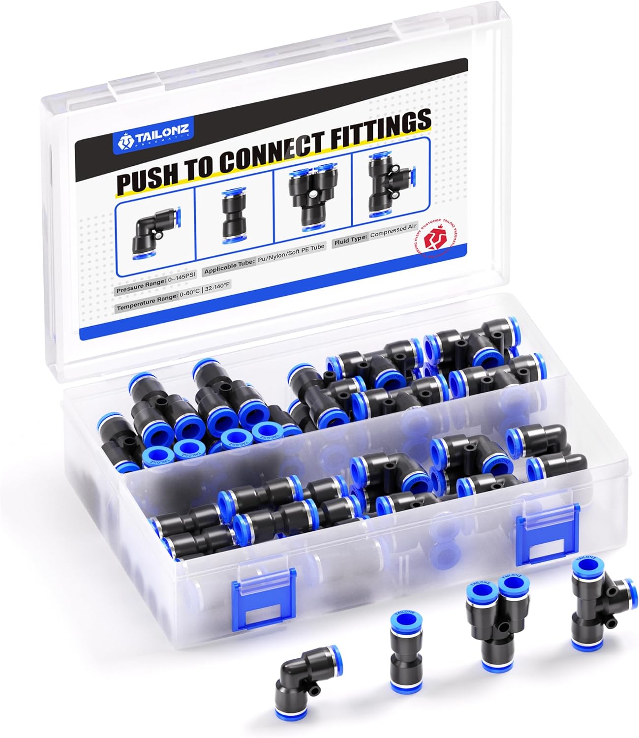 TAILONZ PNEUMATIC 5/32 Inch od Push to Connect Fittings Pneumatic Fittings Kit 10 Spliters+10 Elbows+10 tee+10 Straight (40 pcs)