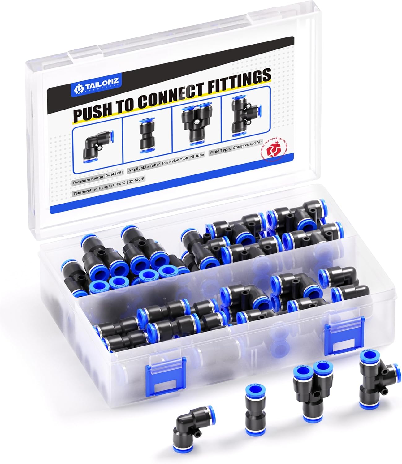 TAILONZ PNEUMATIC 5/16 Inch od Push to Connect Fittings Pneumatic Fittings Kit 10 Spliters+10 Elbows+10 tee+10 Straight(40 pcs)