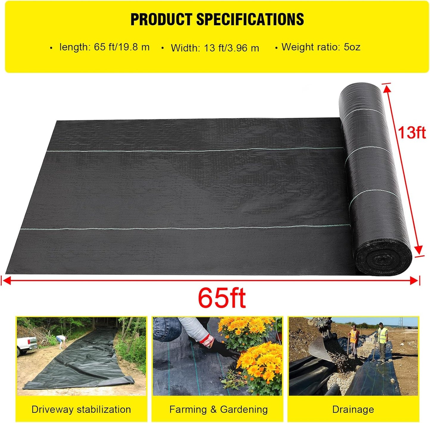 Doniks 13x65ft Driveway Fabric,5OZ Commercial Heavy Duty Weed Barrier Fabric, Garden Landscape Fabric,French Drain Fabric for Erosion Control,Landscape Fabric,Weed Barrier,Construction Projects