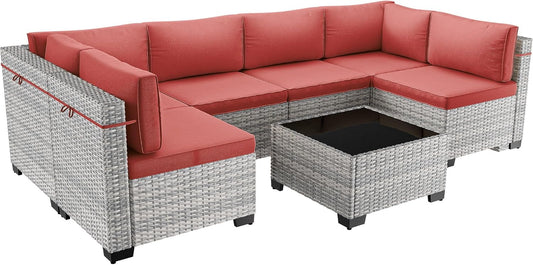 7-Piece Patio Furniture Set, Outdoor Sectional with Thick Cushions, Modular Patio Sofa, Dual-Strand Wicker Rattan, Rust-Resistant Frame, Backyard Furniture for Garden, Deck, Red