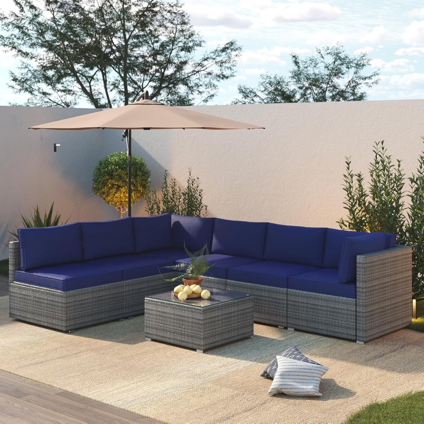 7 Piece Patio Furniture Set, Outdoor Couch Set—All-Weather Outdoor Furniture Sectional w Water Resistant Thick Cushions, Patio Sofa Set w 2 Extra Pillows and Coffee Table, Navy Blue/Gray