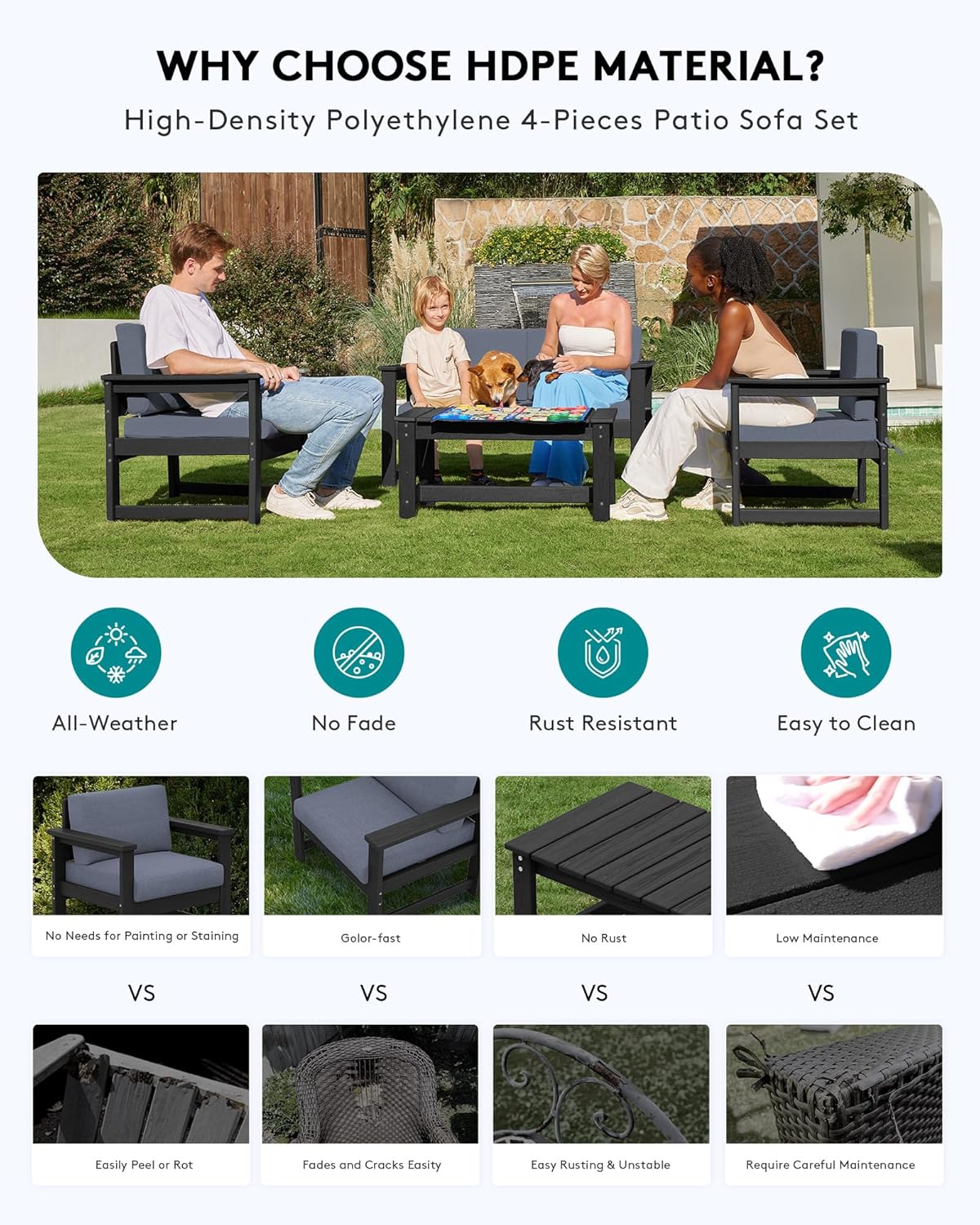 SERWALL Black HDPE Outdoor Loveseat with Grey Cushions, All Weather Use Outdoor Loveseat Sofa, Black Frame with Grey Cushions