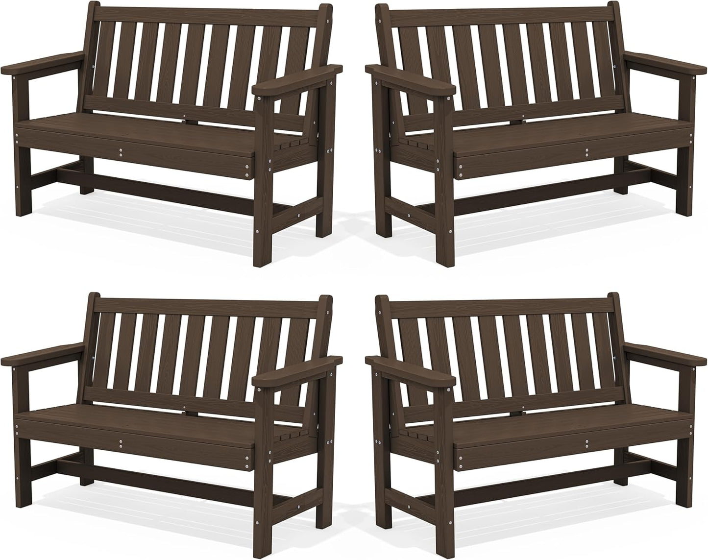 SERWALL Outdoor Bench, HDPE Outdoor Benches Weatherproof, 2-Person Garden Bench with 660 lbs Weight Capacity, Patio Benches for Outdoors, Garden, Porch, Backyard and Park, Coffee, 4 Pack