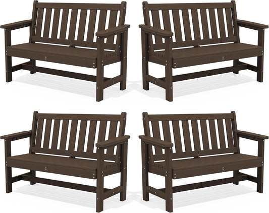 SERWALL Outdoor Bench, HDPE Outdoor Benches Weatherproof, 2-Person Garden Bench with 660 lbs Weight Capacity, Patio Benches for Outdoors, Garden, Porch, Backyard and Park, Coffee, 4 Pack