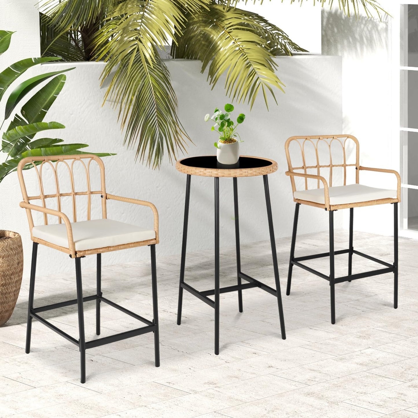 LYNSLIM Outdoor Bar,3 Piece Height Table Patio Rattan Wicker Furniture Chairs Set,22" Patio Bar Table and Outdoor Bar Stool Set of 2,with Removable Cushions for Backyards, Porches (Set for 3)