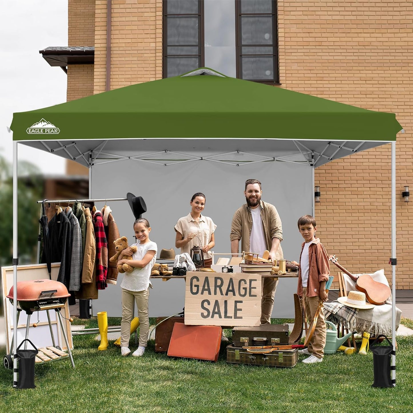 EAGLE PEAK Pop Up Canopy Tent with 1 Sidewall, Easy Setup Event Tent, Outdoor Sun Shade, Wheeled Carry Bag, Stakes and Guy Ropes, Instant Canopy 10x10, Grass Green