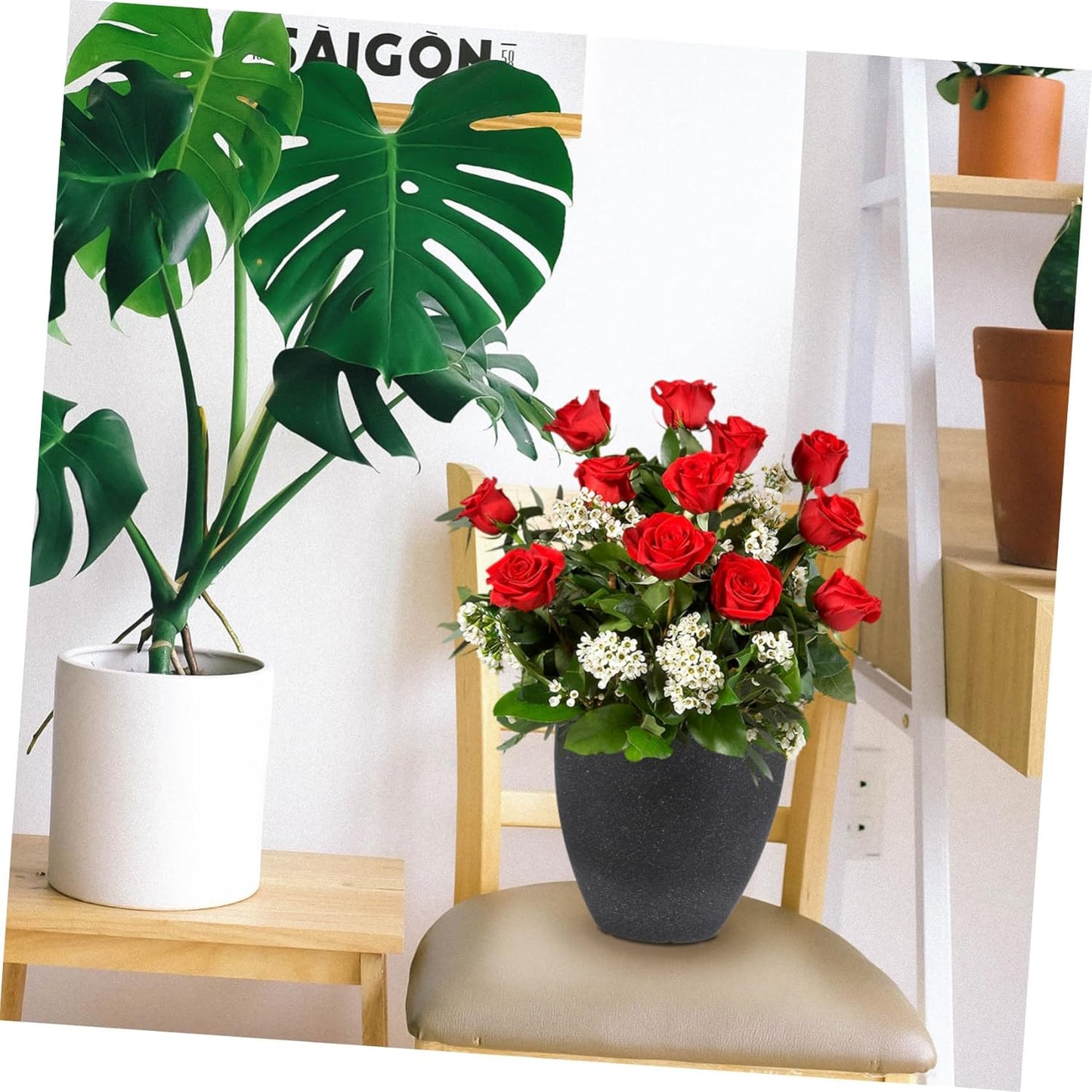 Black Resin Flower Pot Large Round Succulent Planter for Indoor Outdoor Use Frost-Resistant Plants Container for Home Desk Bathroom Decor