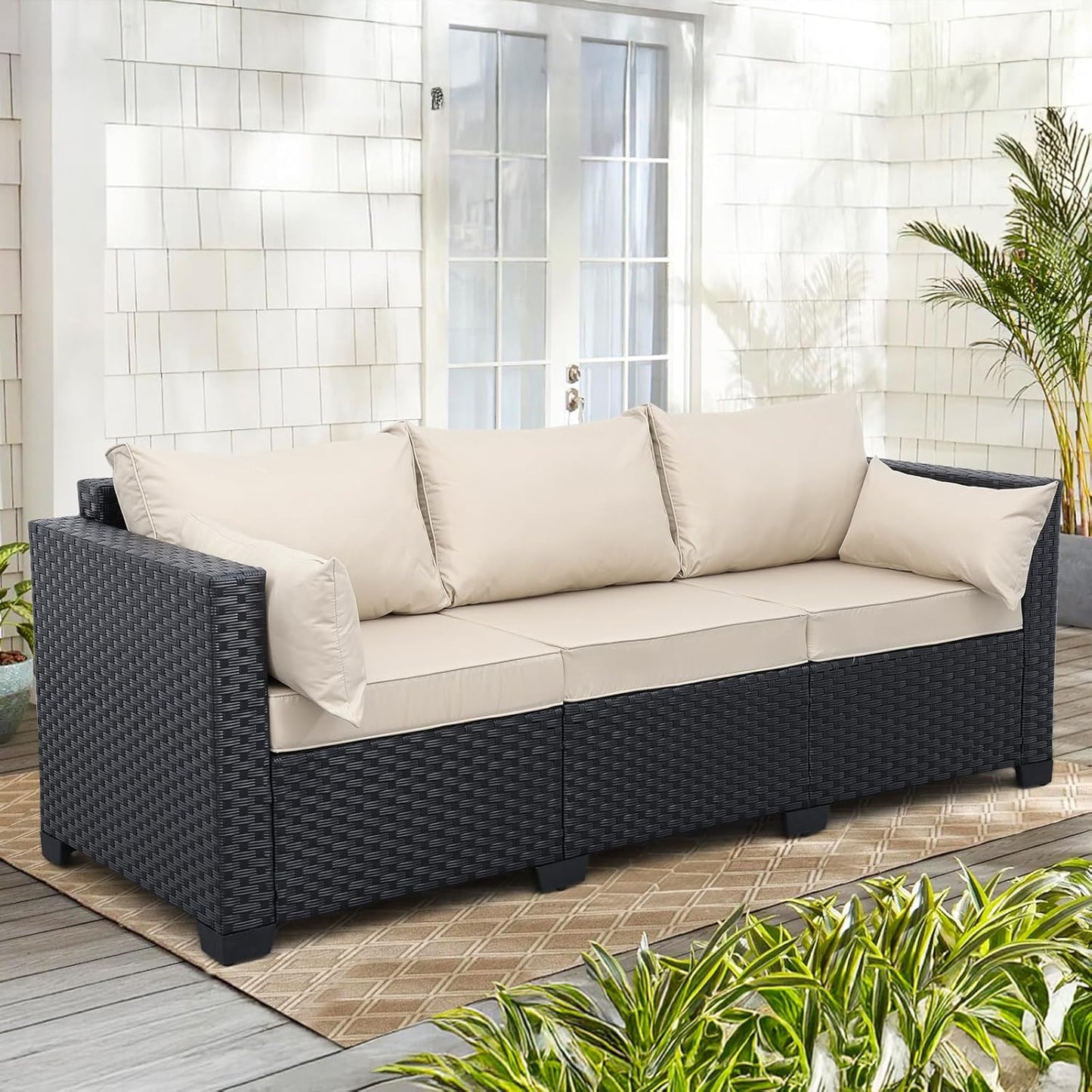 Rattaner Patio Furniture 3-seat Sofa Wicker Outdoor Furniture Outdoor Couch Deep Seat Hight Backrest Waterproof Cover Anti-Slip Cushions, Khaki